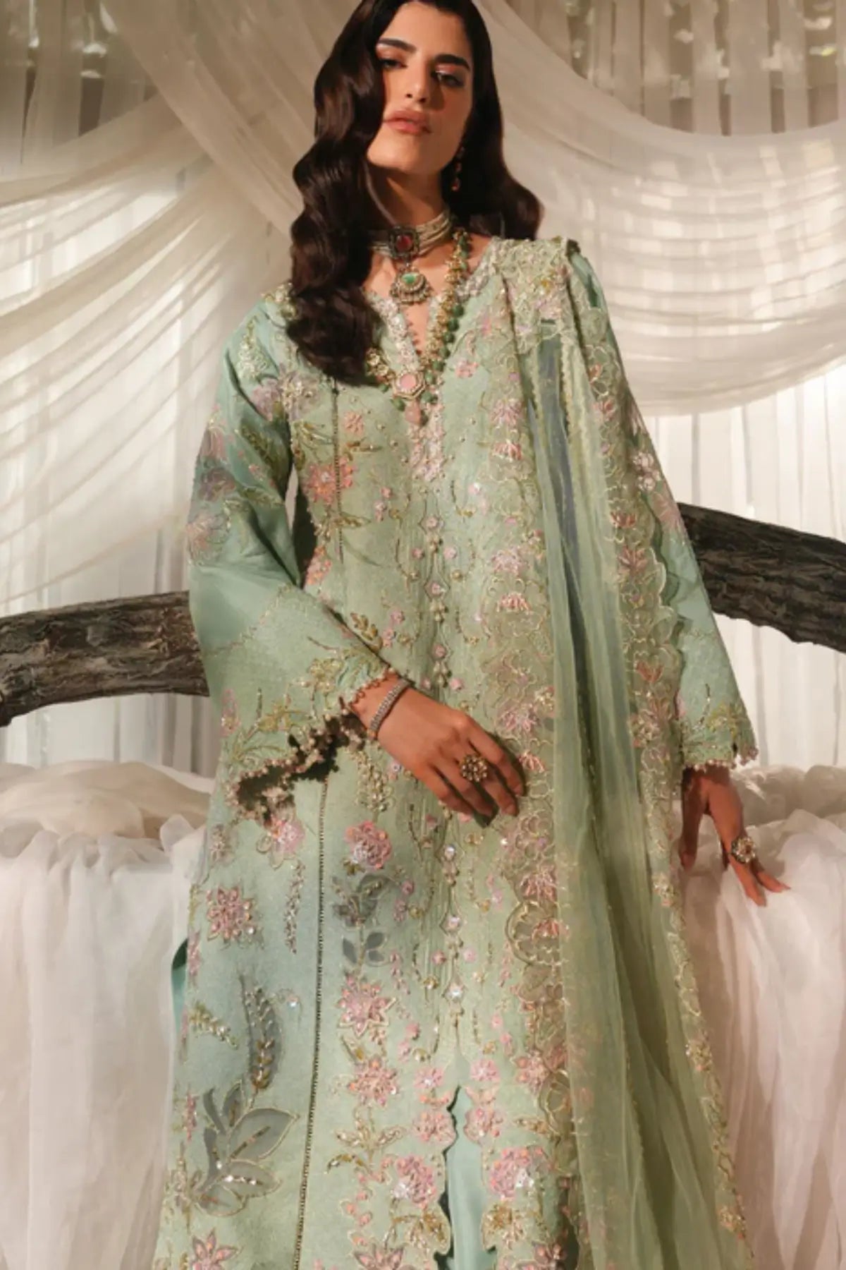 Verdant by Saira Shakira mint green festive formal dress with net dupatta