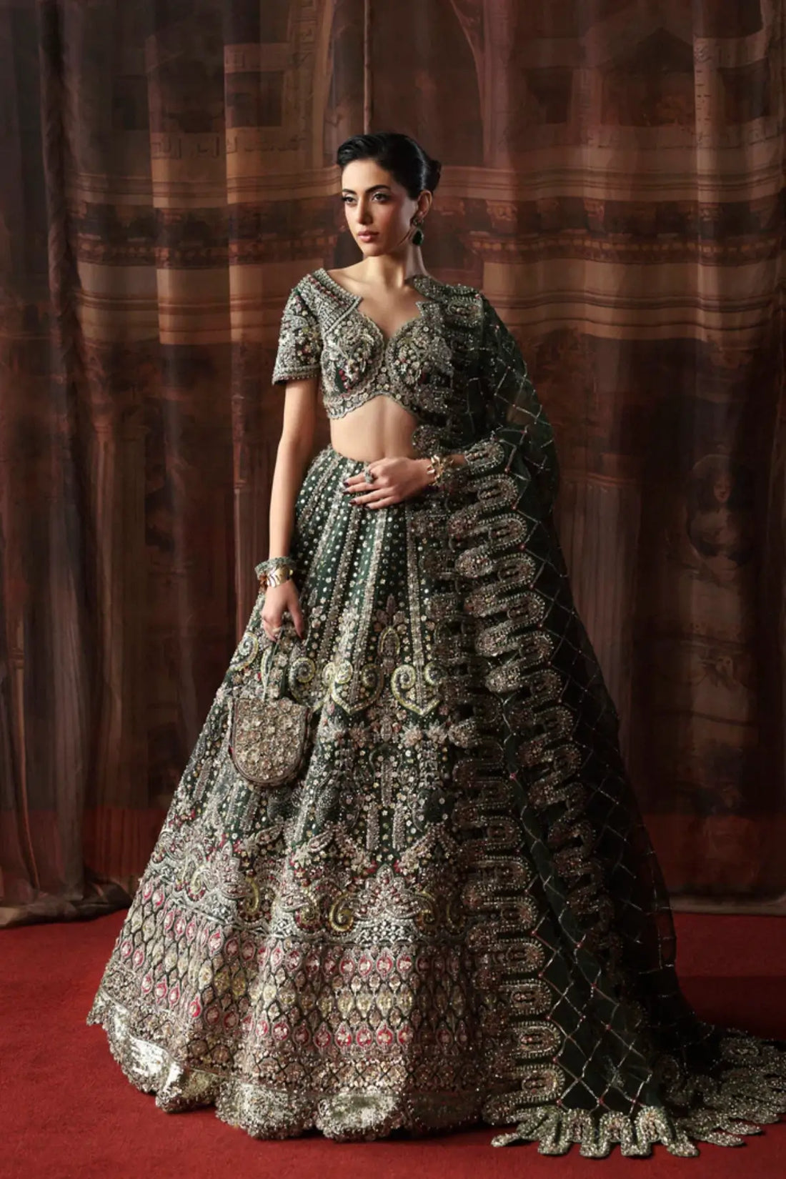 Verdelle emerald green bridal lehenga choli from Akbar Aslam Serena Bridal Edit '26 in organza net with silk inner.
