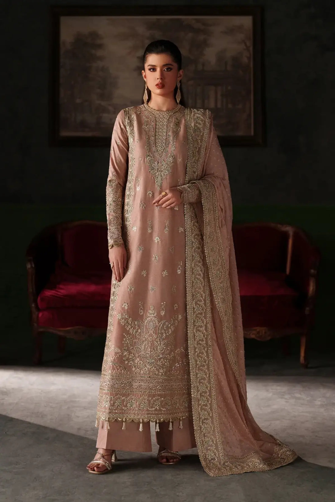 Vesper soft pink embroidered raw silk stitched 3PC Pakistani formal suit with chiffon dupatta