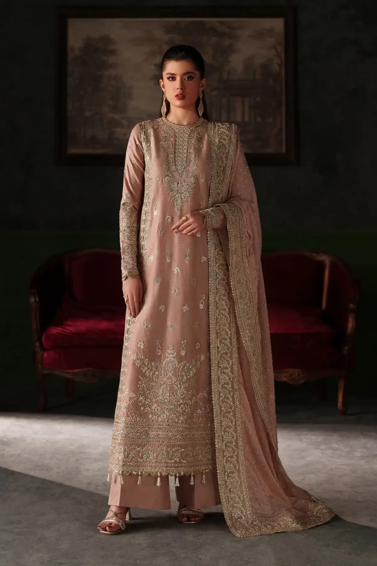 Vesper soft pink embroidered raw silk stitched 3PC Pakistani formal suit with chiffon dupatta