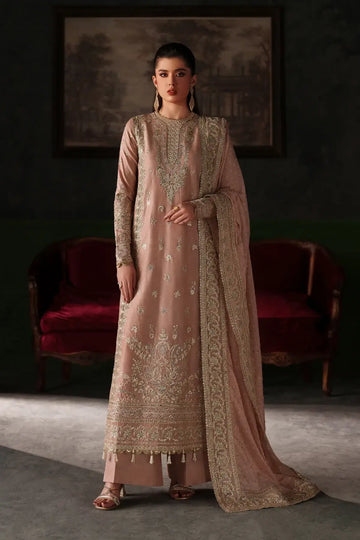 Vesper soft pink embroidered raw silk stitched 3PC Pakistani formal suit with chiffon dupatta