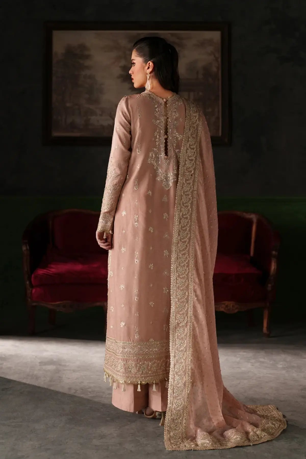 Vesper soft pink embroidered raw silk stitched 3PC Pakistani formal suit with chiffon dupatta