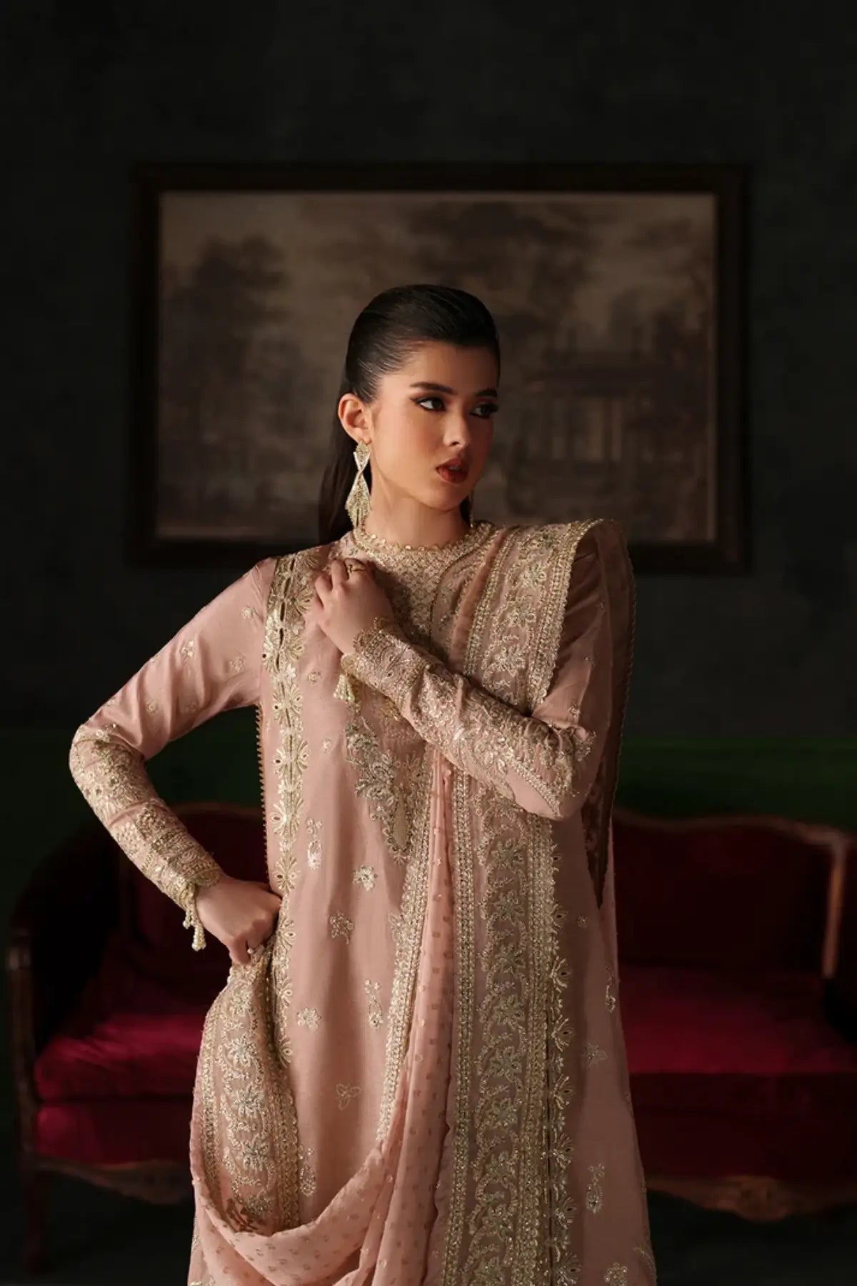 Vesper soft pink embroidered raw silk stitched 3PC Pakistani formal suit with chiffon dupatta