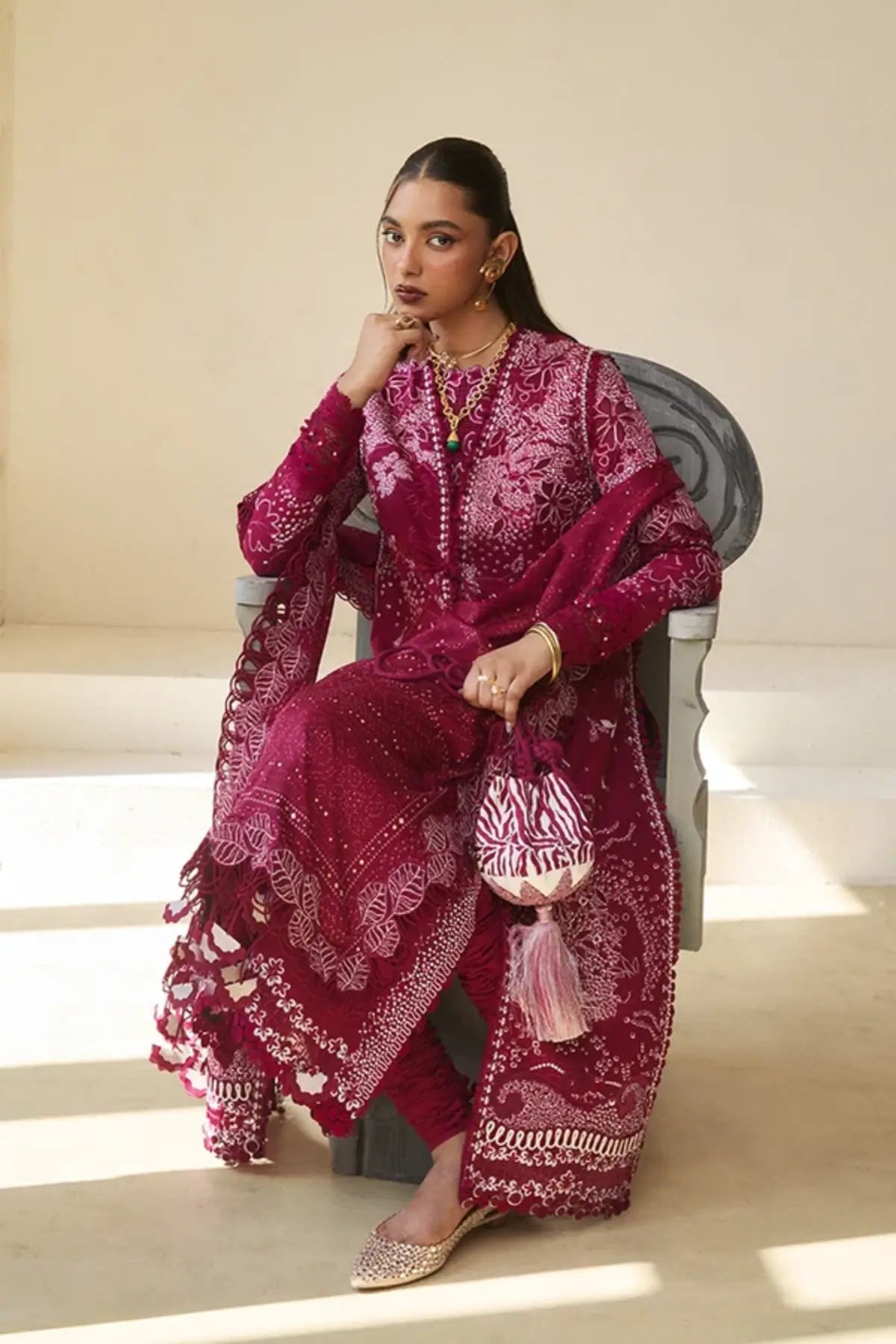 Vesria plum festive embroidered lawn 3PC suit by Suffuse with printed silk dupatta