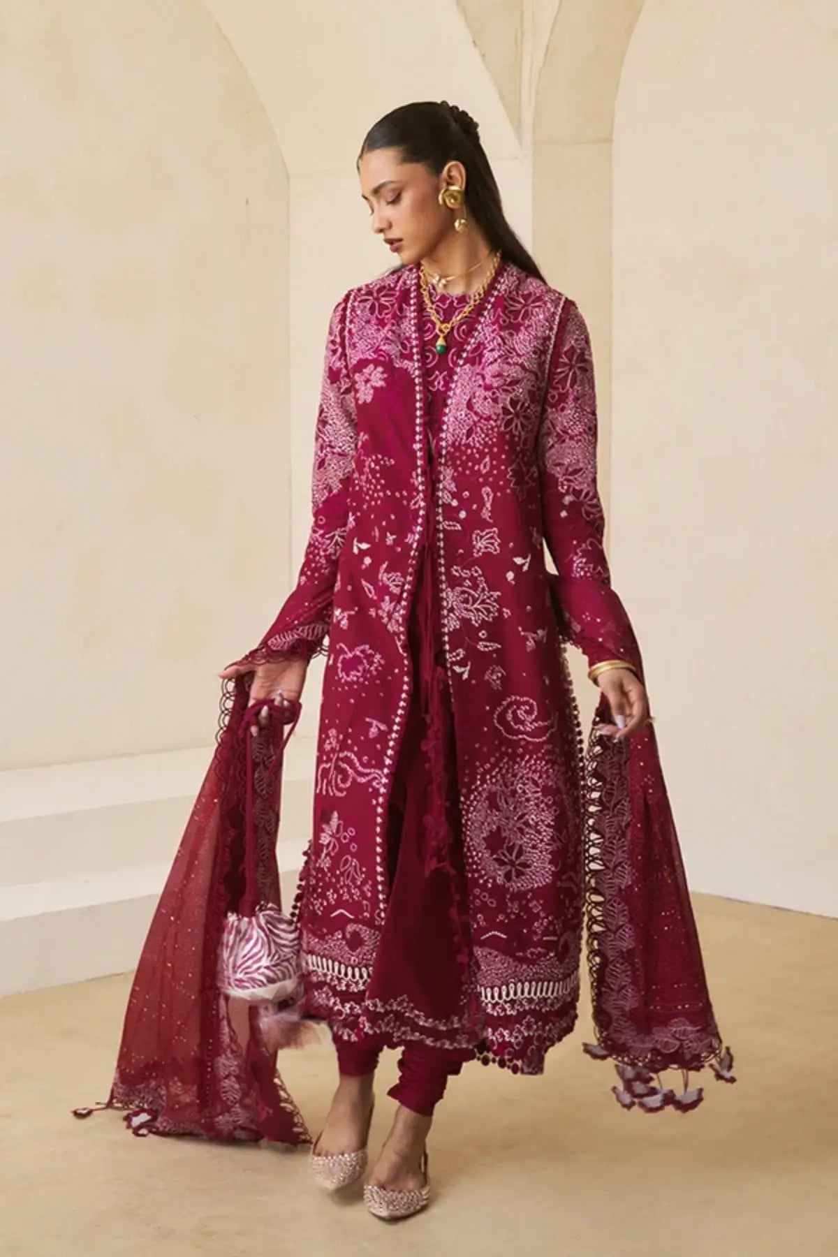 Vesria plum festive embroidered lawn 3PC suit by Suffuse with printed silk dupatta