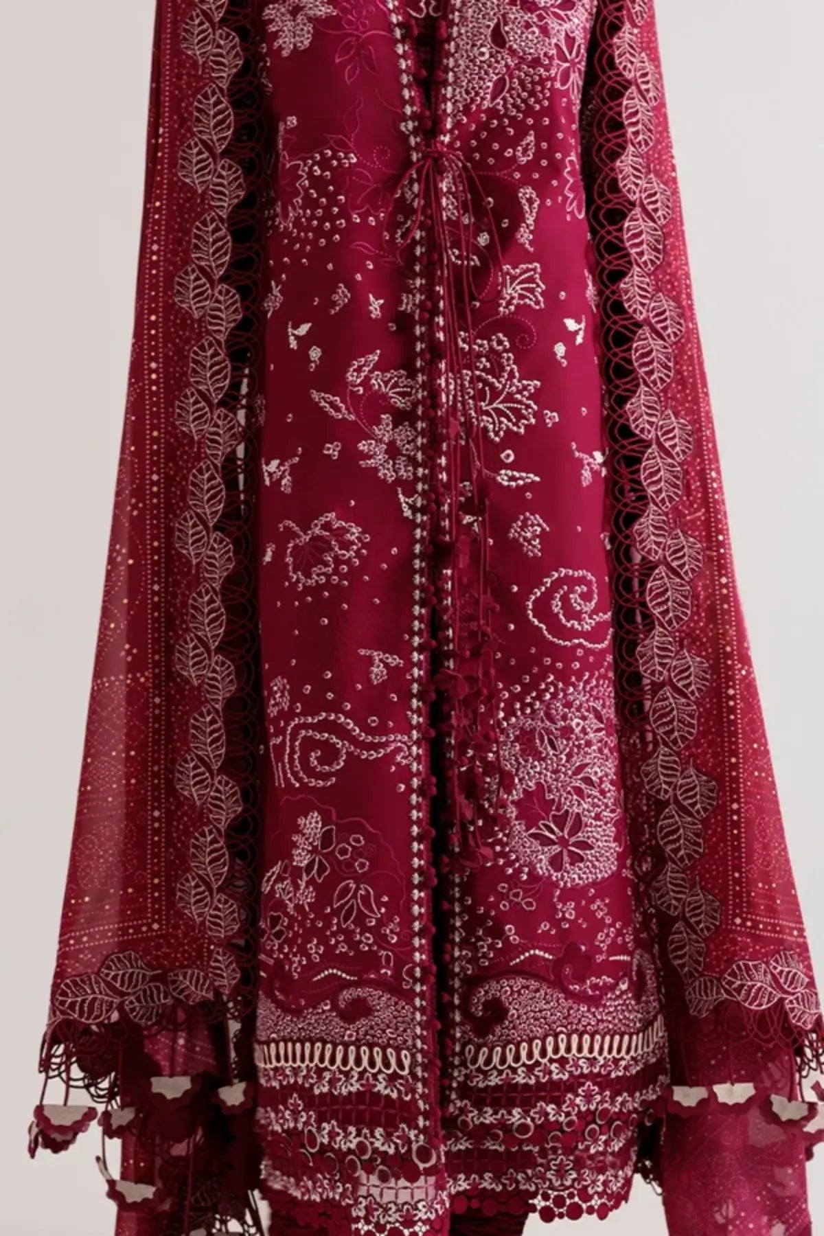 Vesria plum festive embroidered lawn 3PC suit by Suffuse with printed silk dupatta