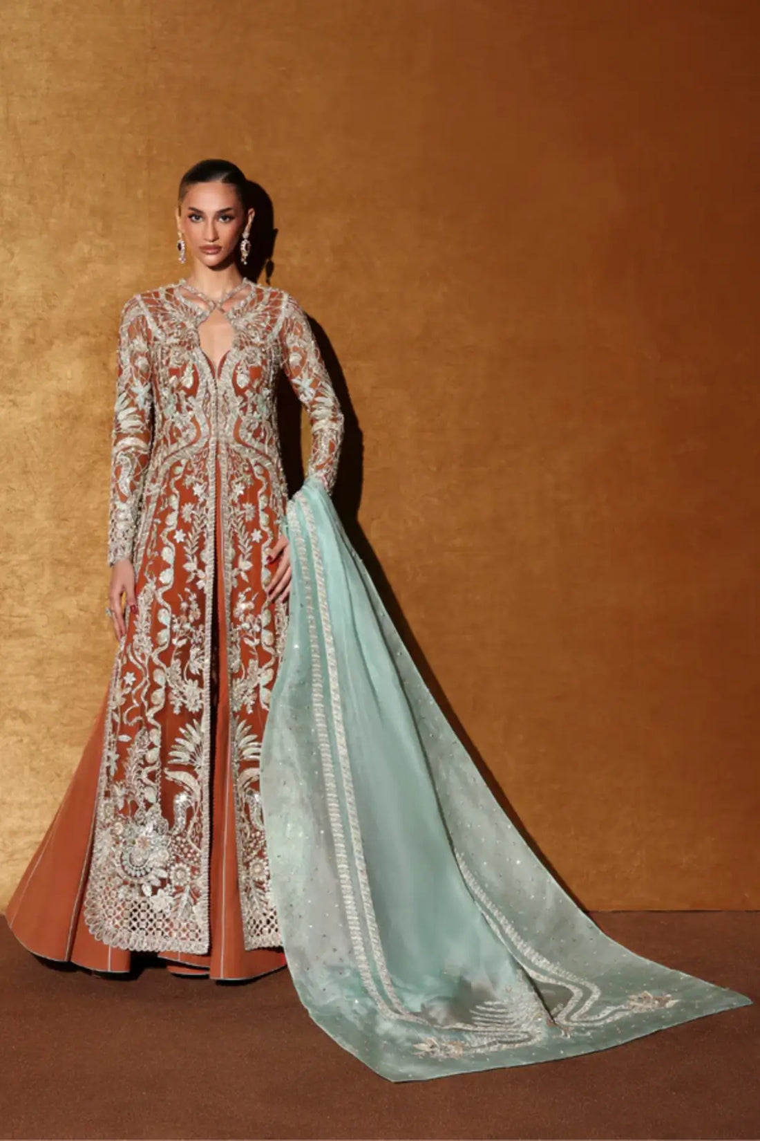 Veyra by Soraya burnt orange hand embellished net formal dress with aqua net dupatta and front open jacket
