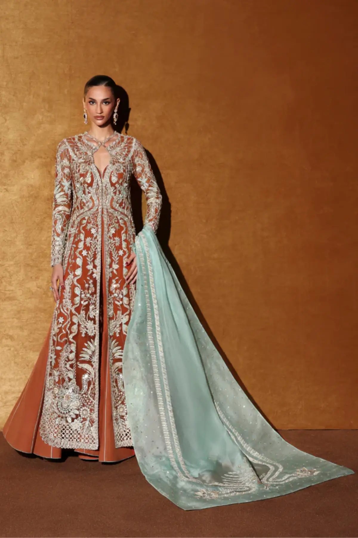 Veyra by Soraya burnt orange hand embellished net formal dress with aqua net dupatta and front open jacket