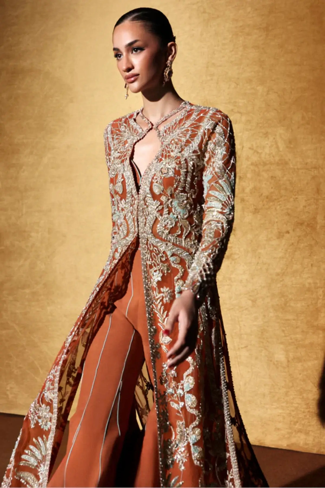 Veyra by Soraya burnt orange hand embellished net formal dress with aqua net dupatta and front open jacket