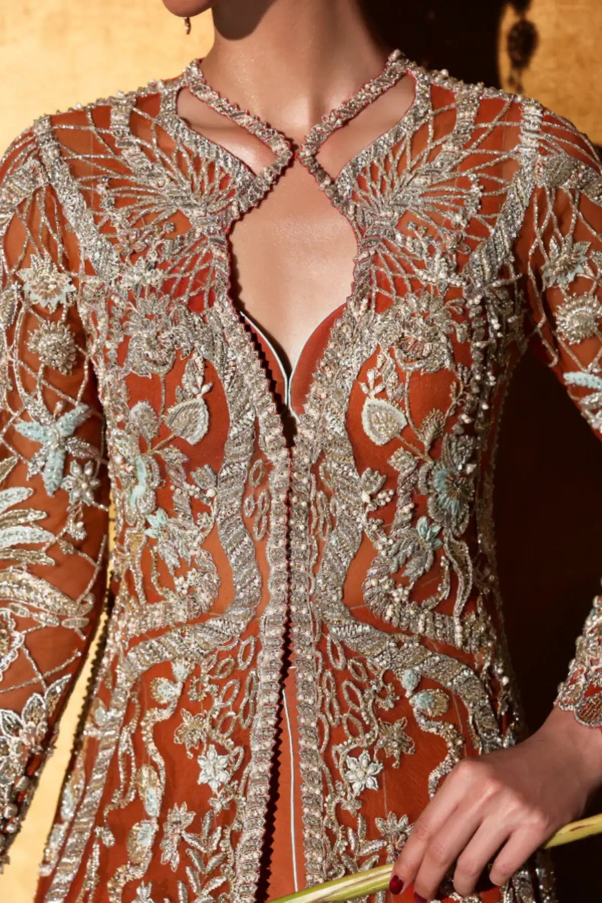 Veyra by Soraya burnt orange hand embellished net formal dress with aqua net dupatta and front open jacket