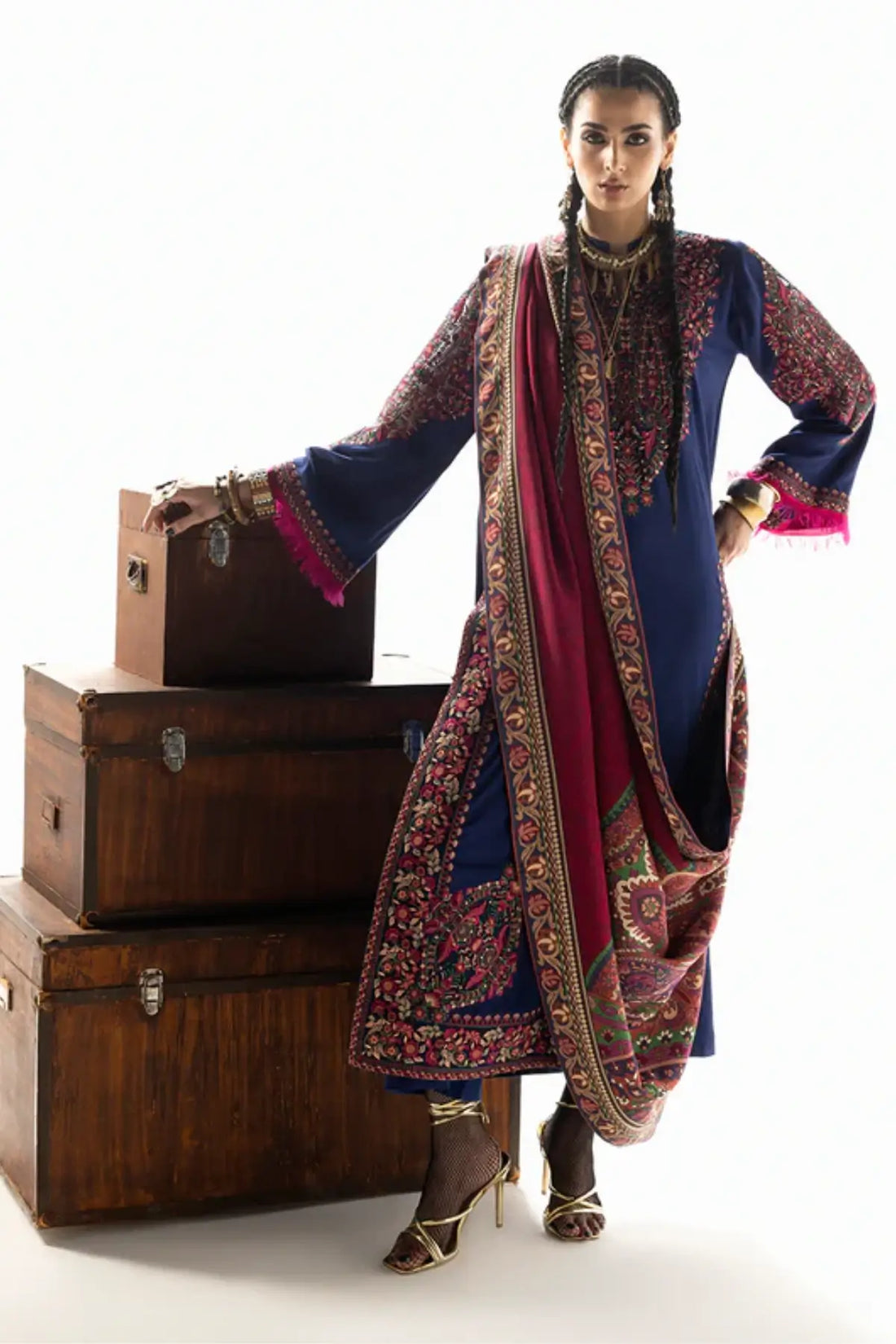 Zainab Chottani Vilana indigo navy Marina twill formal winter suit with paisley shawl, available online at Pakistanimoda.