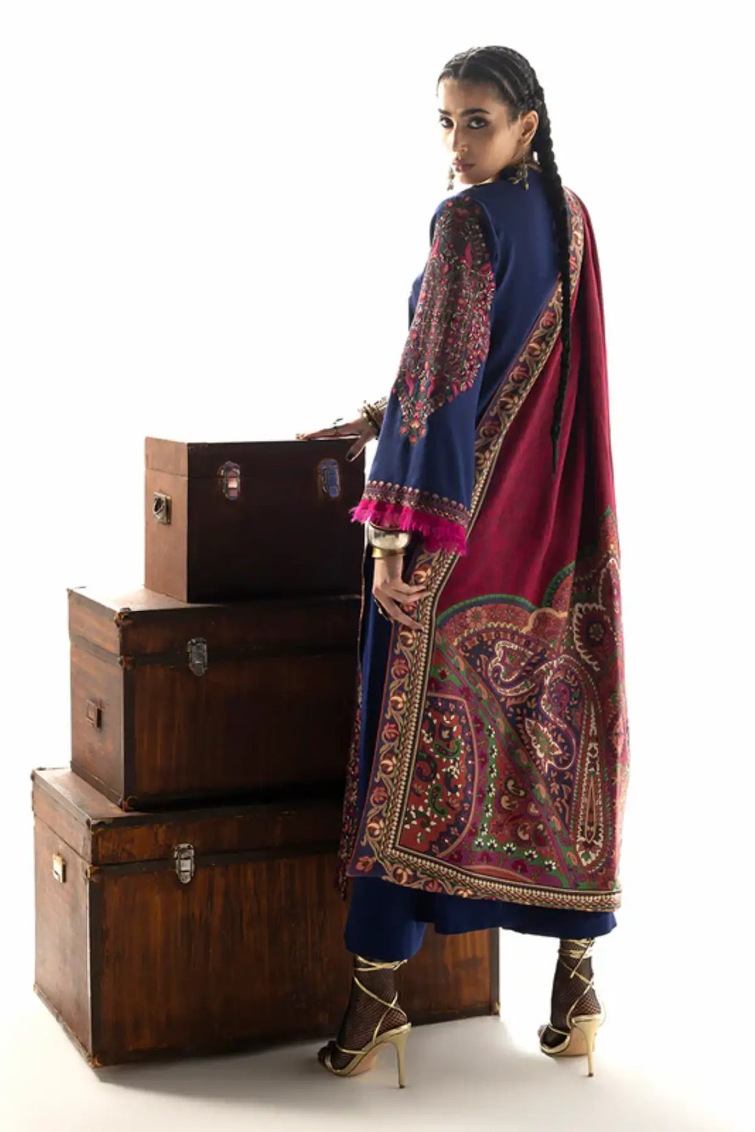 Zainab Chottani Vilana indigo navy Marina twill formal winter suit with paisley shawl, available online at Pakistanimoda.