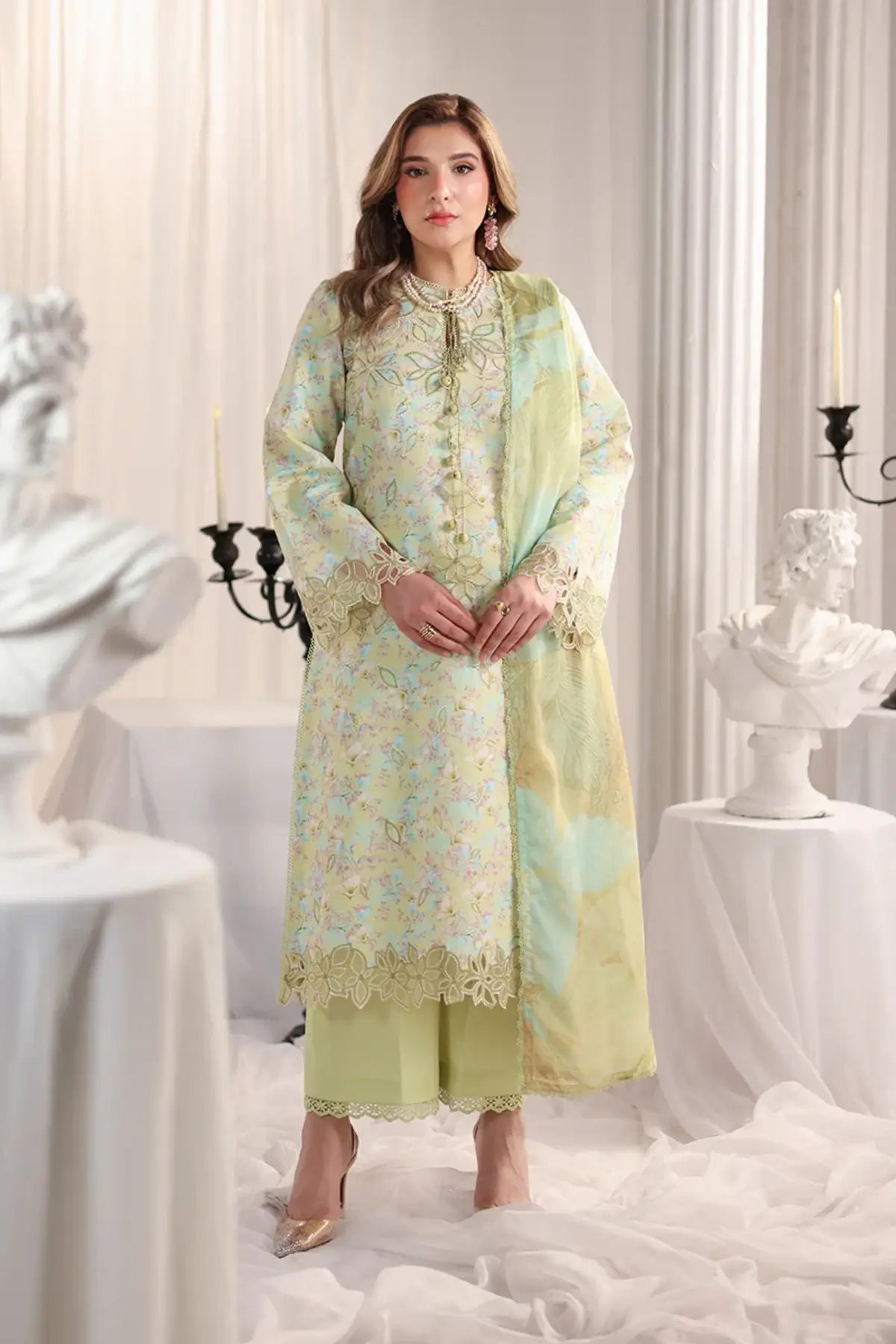 Viola Rang Rasiya Lime Green printed lawn stitched 3PC suit with embroidered front, organza borders, gold crush dupatta and cotton trousers