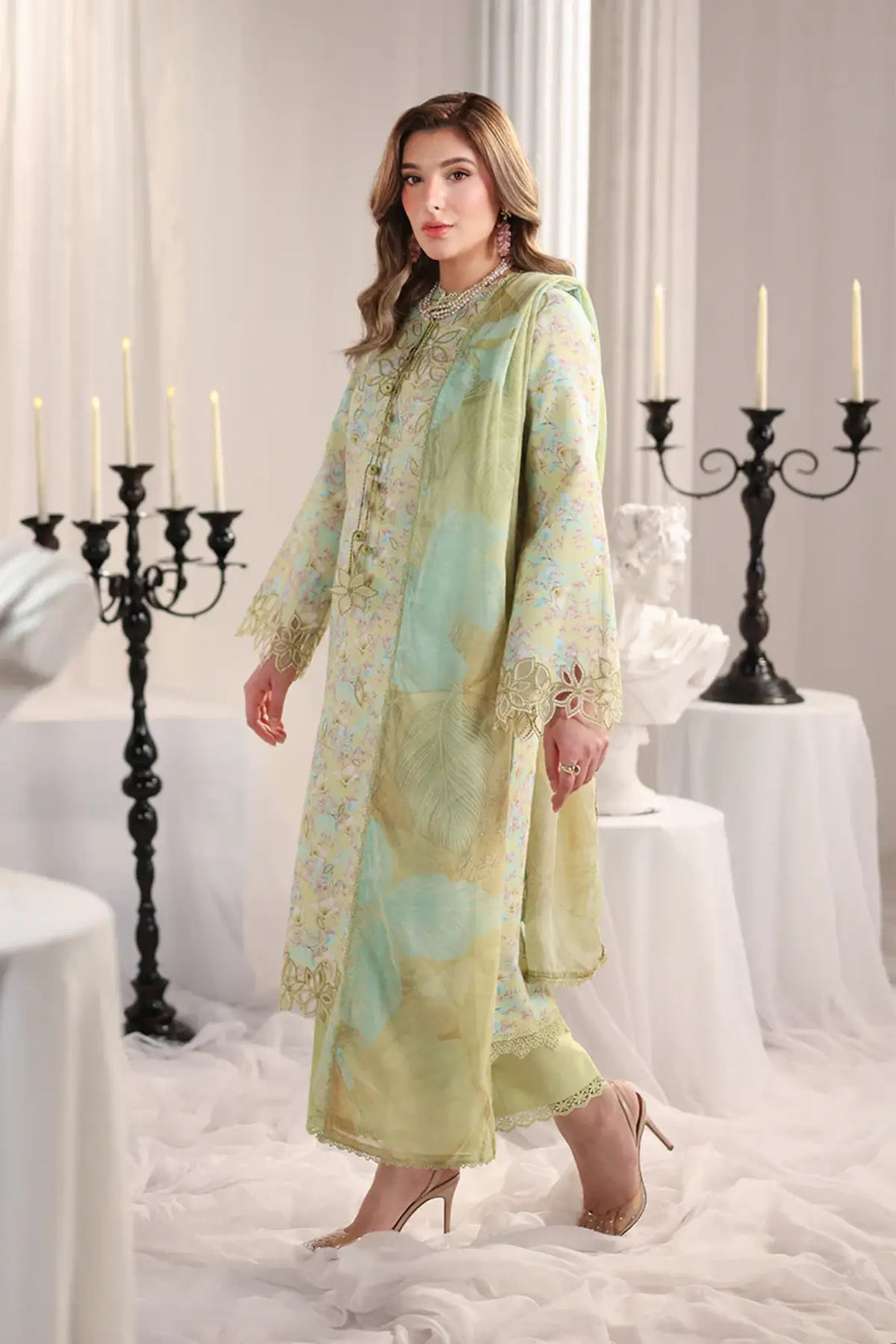 Viola Rang Rasiya Lime Green printed lawn stitched 3PC suit with embroidered front, organza borders, gold crush dupatta and cotton trousers