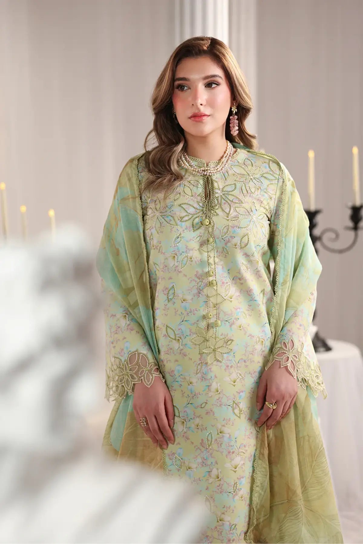 Viola Rang Rasiya Lime Green printed lawn stitched 3PC suit with embroidered front, organza borders, gold crush dupatta and cotton trousers