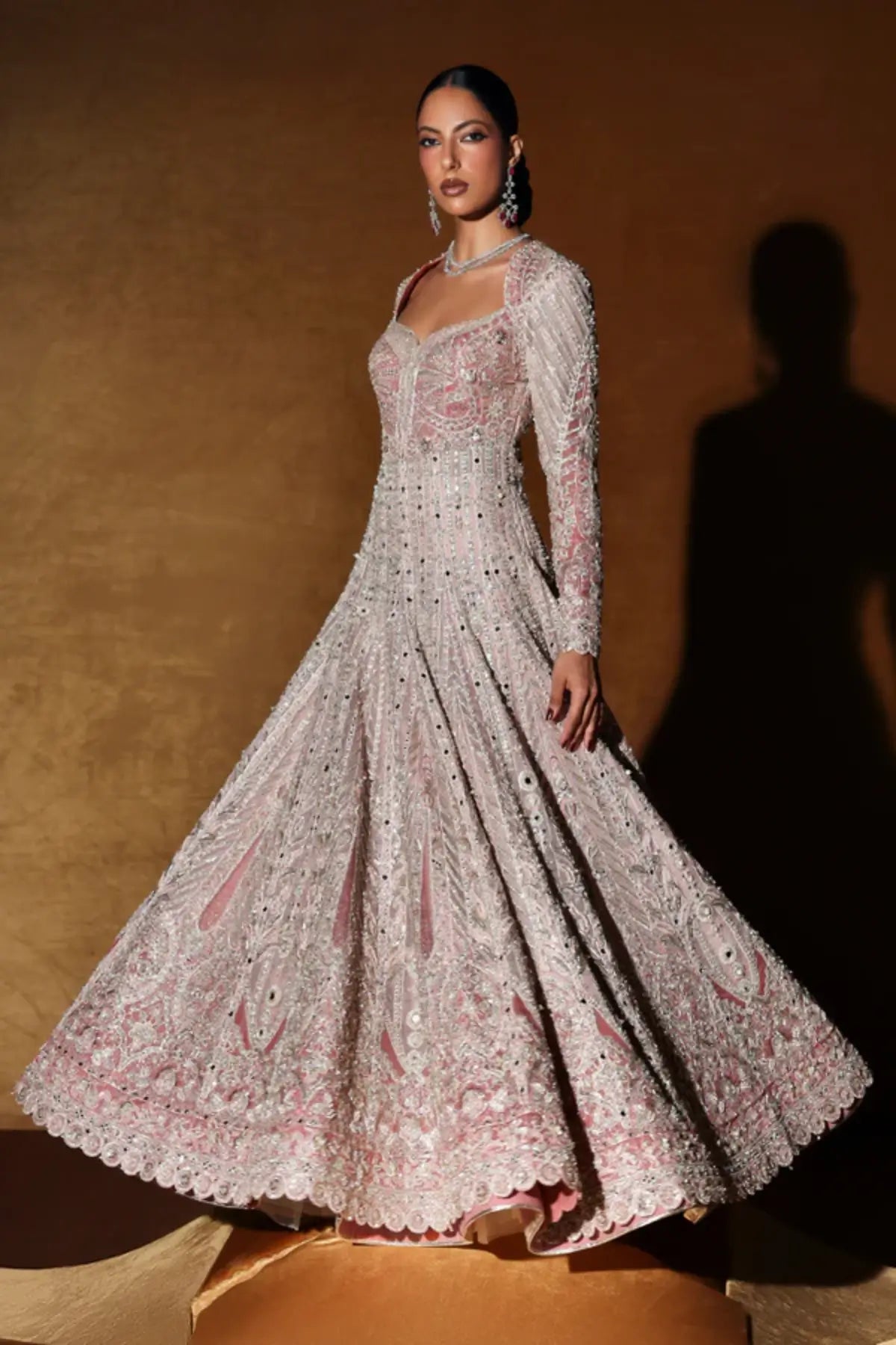 Vionne by Soraya pink hand embellished pishwas with net dupatta featuring threadwork and kardana detailing
