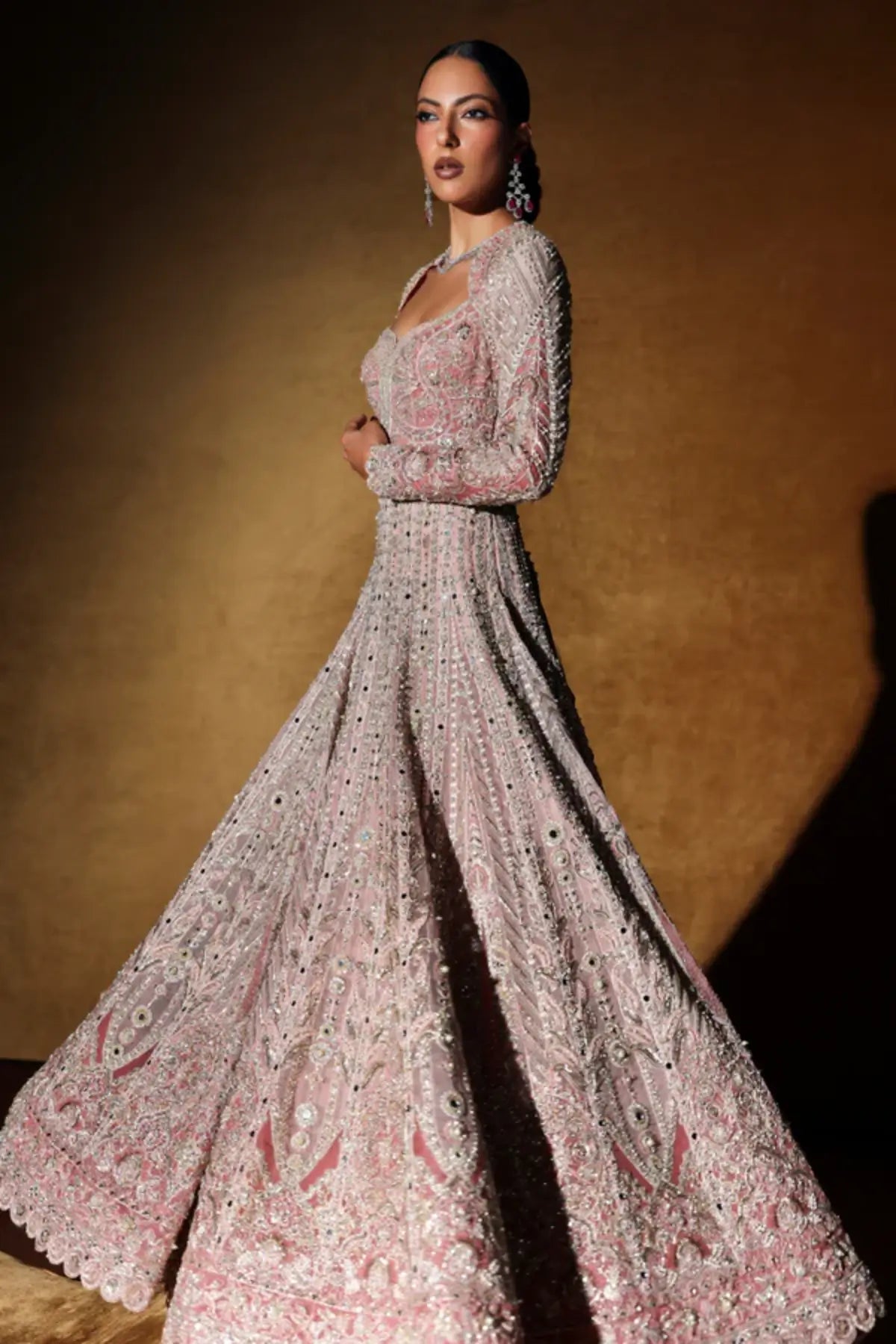 Vionne by Soraya pink hand embellished pishwas with net dupatta featuring threadwork and kardana detailing