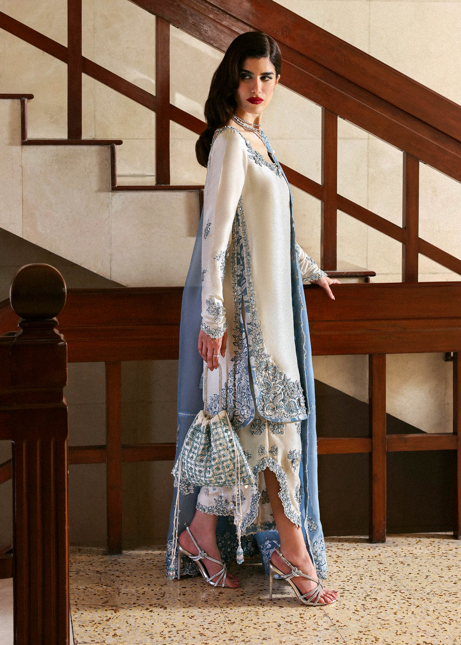 Ivory and icy blue embroidered raw silk shirt with cutwork culottes and floral organza dupatta – Virelle formal suit at Pakistanimoda

