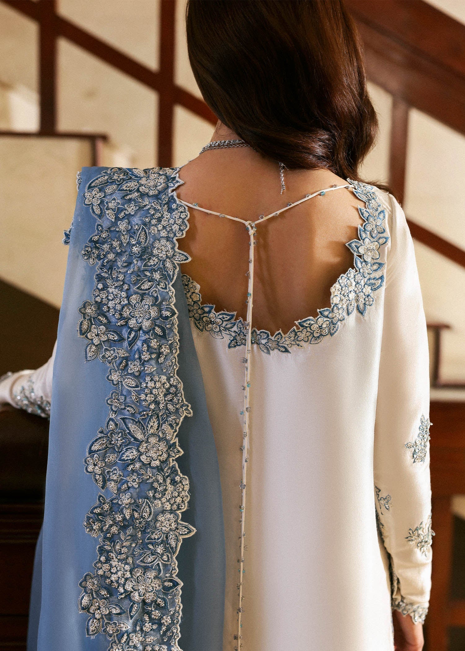 Ivory and icy blue embroidered raw silk shirt with cutwork culottes and floral organza dupatta – Virelle formal suit at Pakistanimoda


