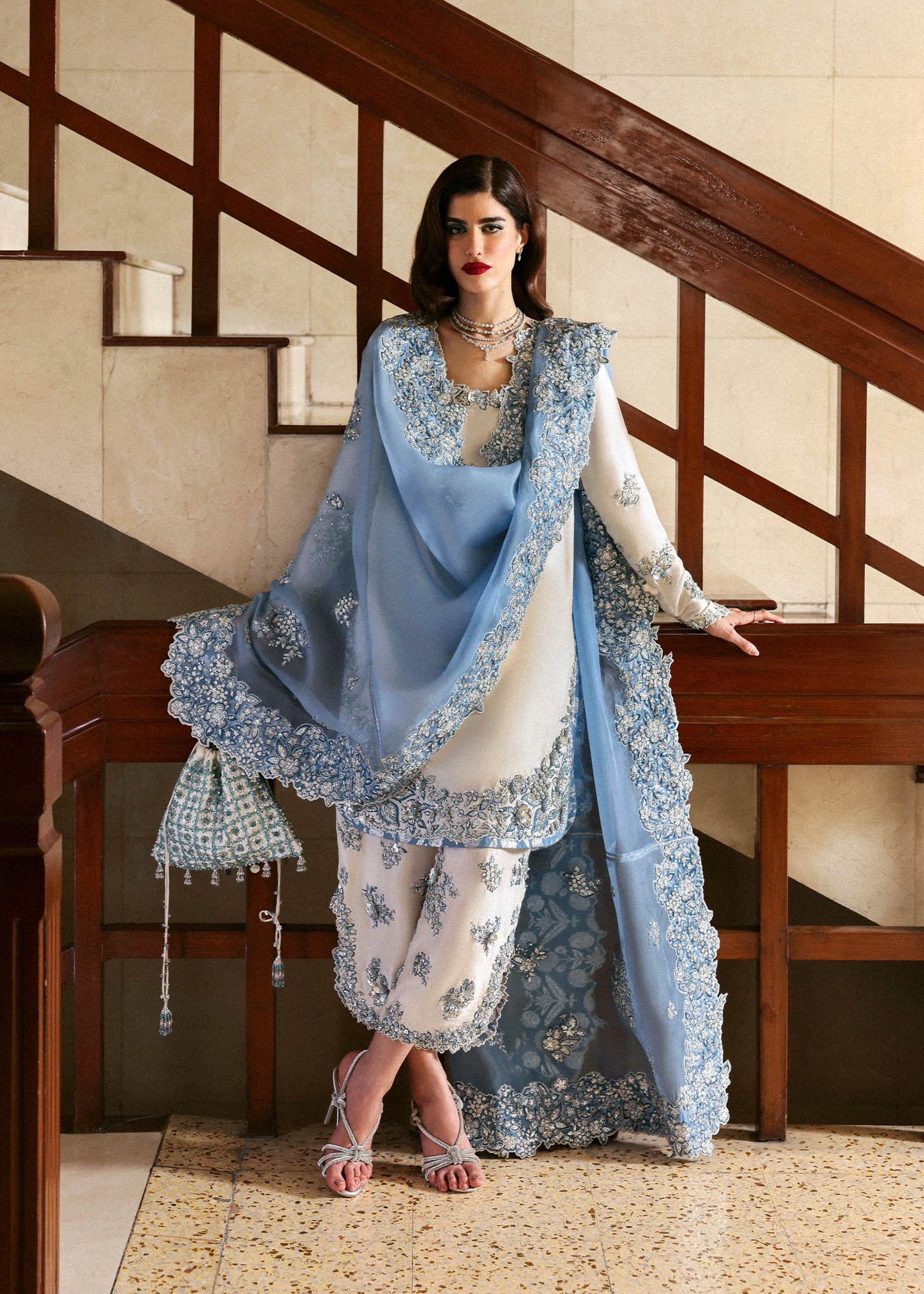 Ivory and icy blue embroidered raw silk shirt with cutwork culottes and floral organza dupatta – Virelle formal suit at Pakistanimoda

