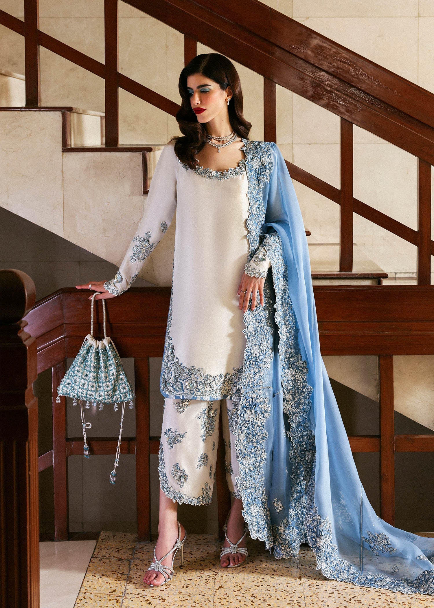 Ivory and icy blue embroidered raw silk shirt with cutwork culottes and floral organza dupatta – Virelle formal suit at Pakistanimoda


