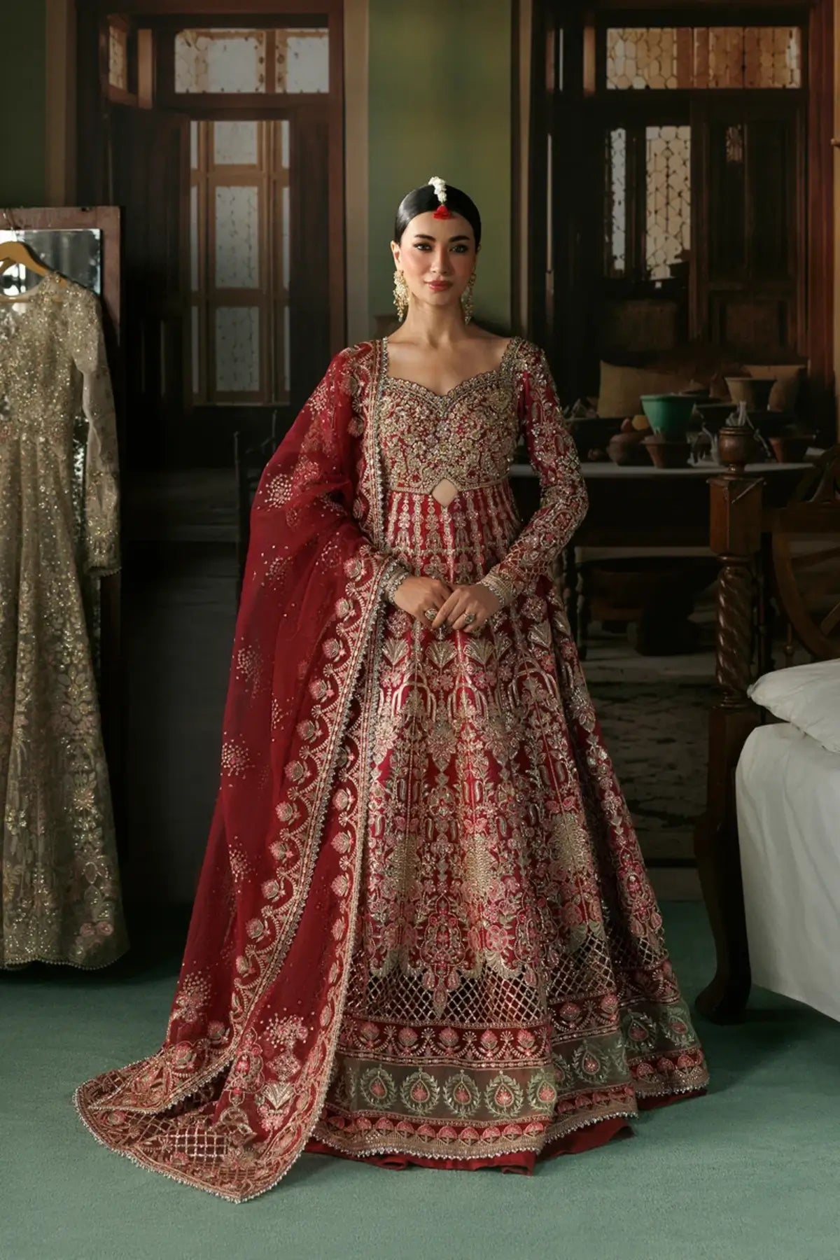 Virsa magenta embroidered raw silk stitched wedding Peshwas with intricate silver detailing and embellished organza dupatta