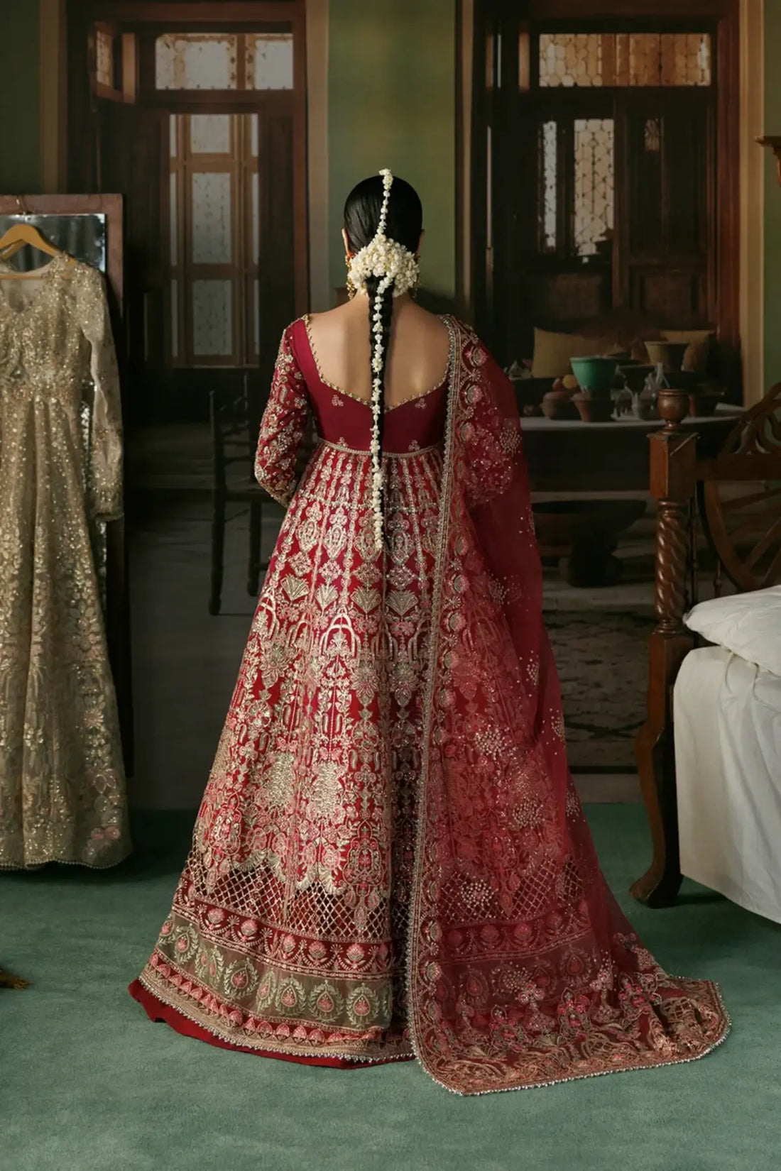Virsa magenta embroidered raw silk stitched wedding Peshwas with intricate silver detailing and embellished organza dupatta