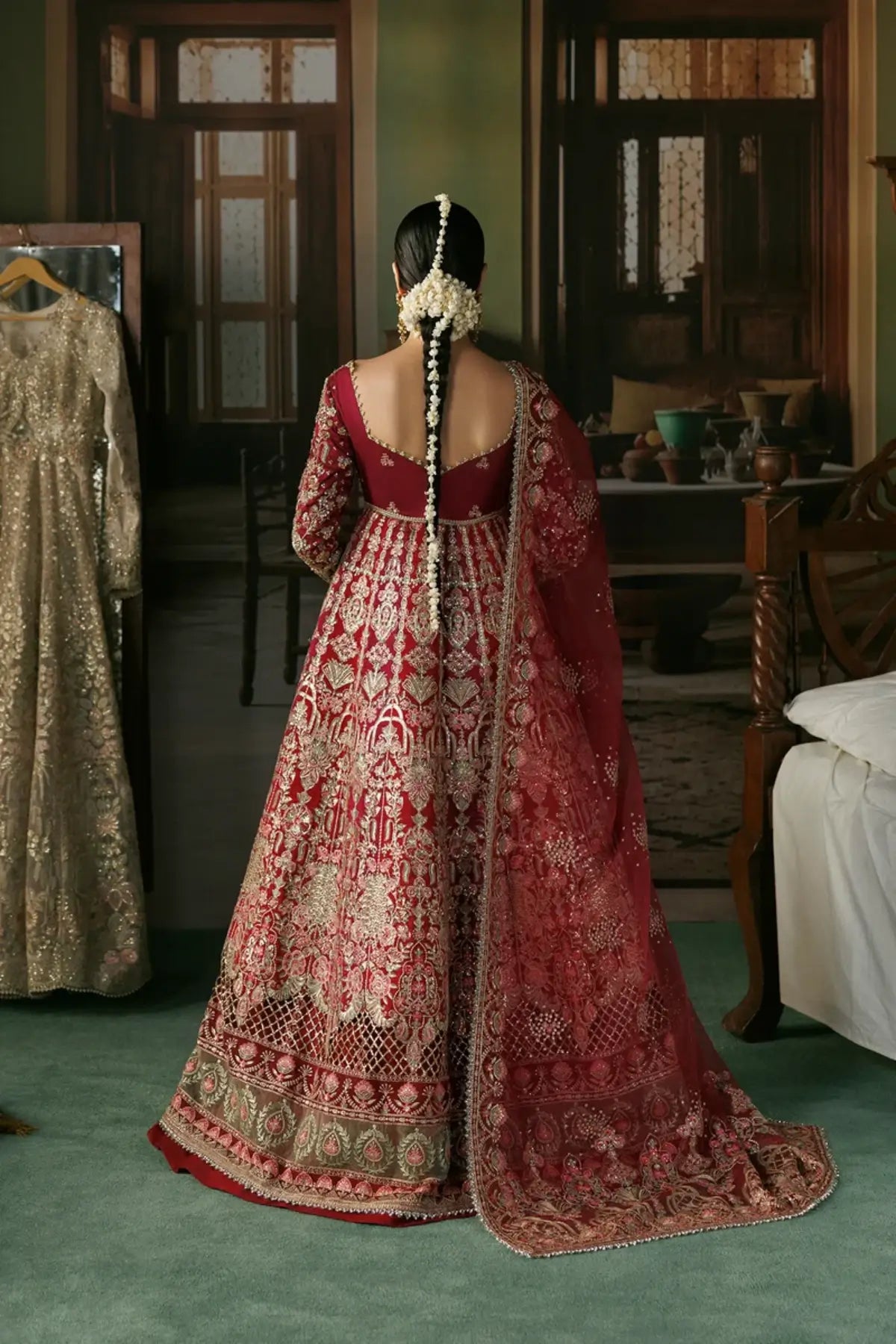 Virsa magenta embroidered raw silk stitched wedding Peshwas with intricate silver detailing and embellished organza dupatta
