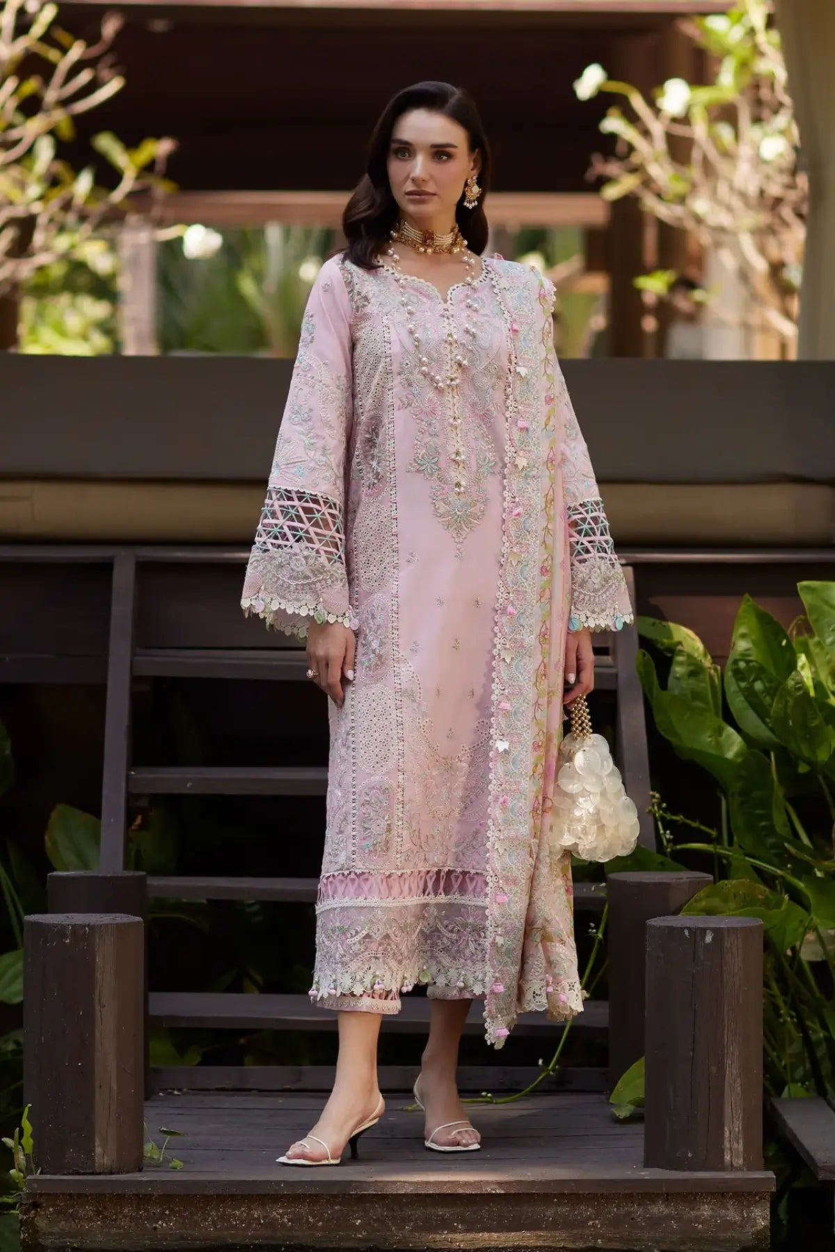 Vivian by Kanwal Malik powder pink lawn 3 piece stitched suit with cotton net dupatta at Pakistanimoda