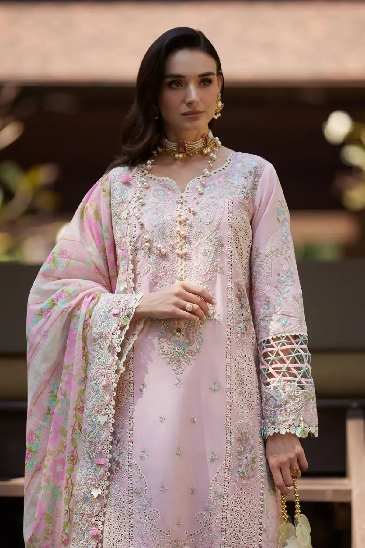 Vivian by Kanwal Malik powder pink lawn 3 piece stitched suit with cotton net dupatta at Pakistanimoda