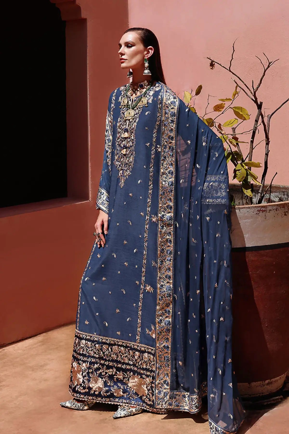 Navy blue raw silk 3 piece suit Vivian by Mushq from Nuvera Raw Silk 2026 available at Pakistanimoda worldwide