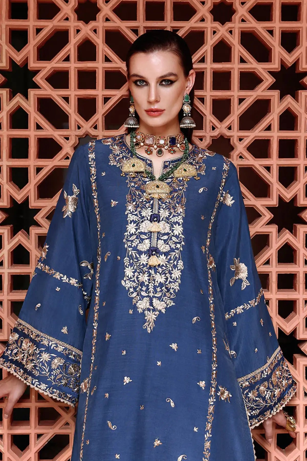 Navy blue raw silk 3 piece suit Vivian by Mushq from Nuvera Raw Silk 2026 available at Pakistanimoda worldwide