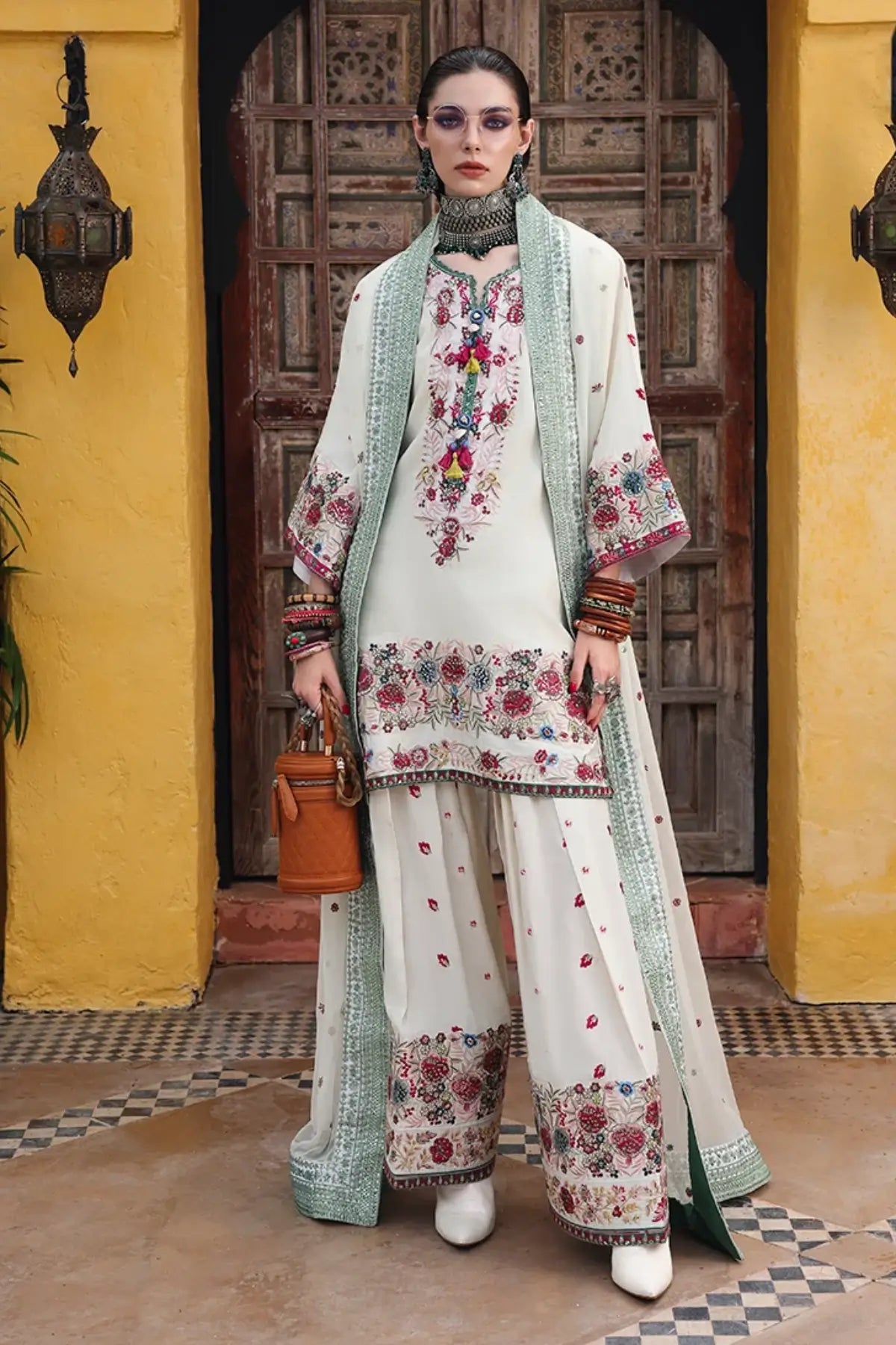 Vivienne Rose Nuvera white embroidered raw silk stitched suit with embroidered trouser and chiffon dupatta