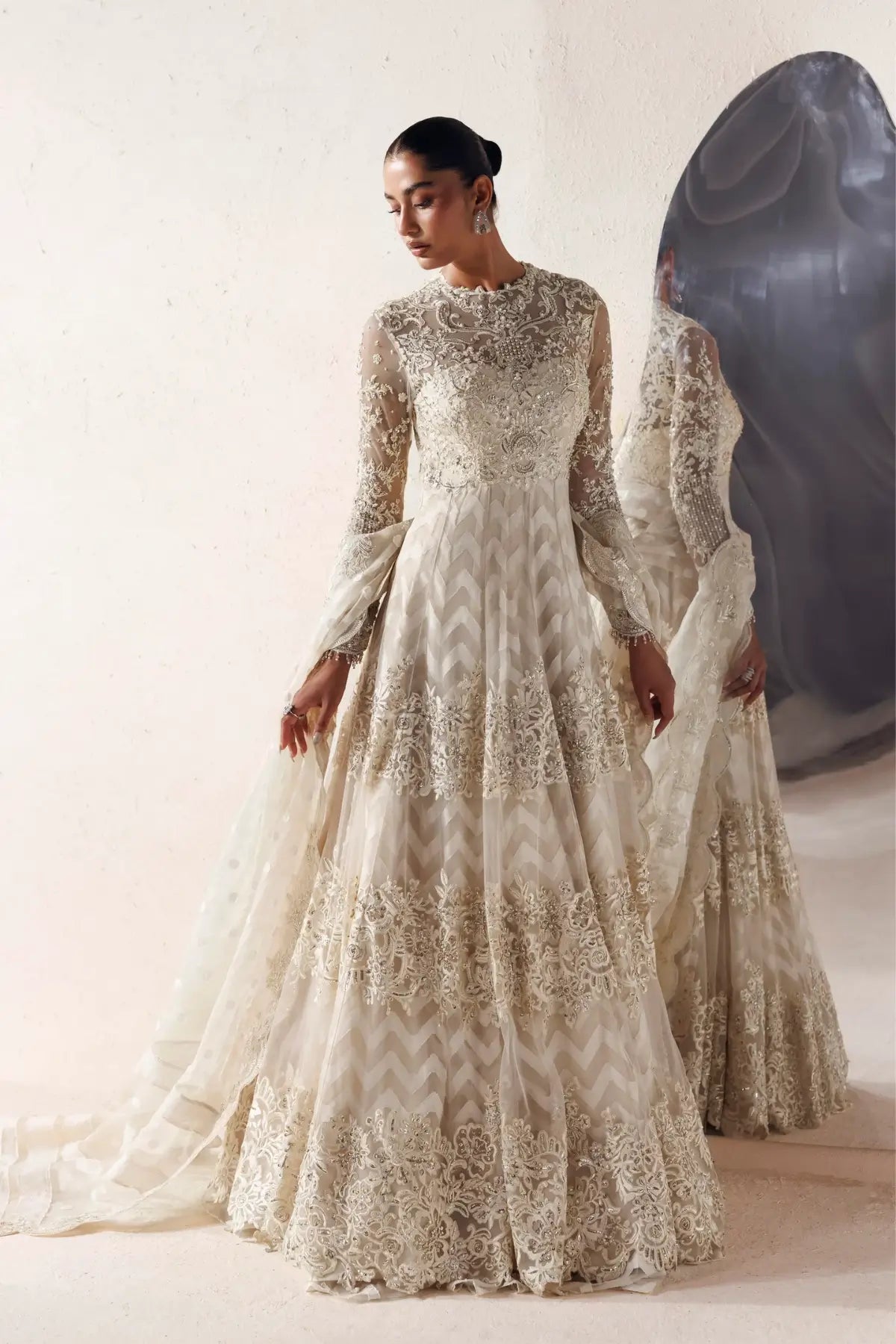 Vivienne Modern Muse 26 off white hand embellished net stitched Nikkah maxi with embroidered bodice and self-jacquard dupatta