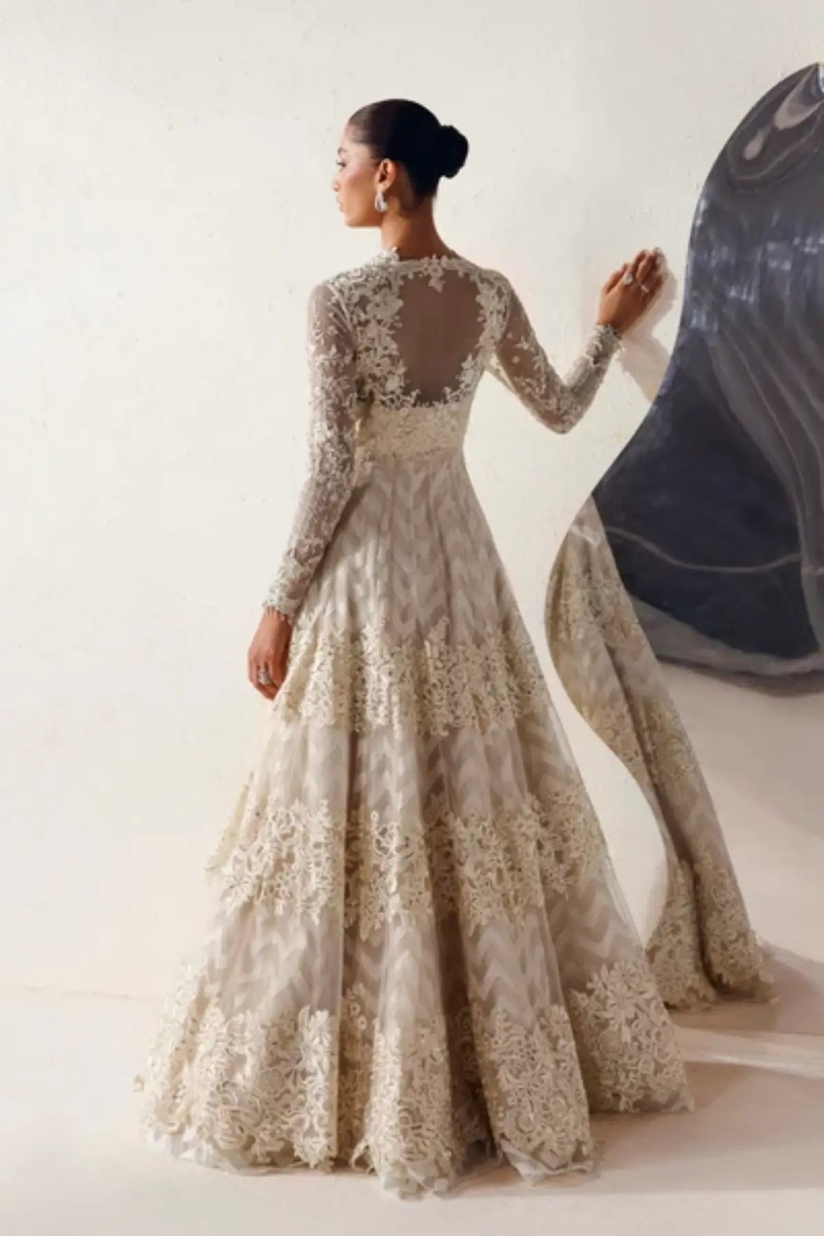 Vivienne Modern Muse 26 off white hand embellished net stitched Nikkah maxi with embroidered bodice and self-jacquard dupatta