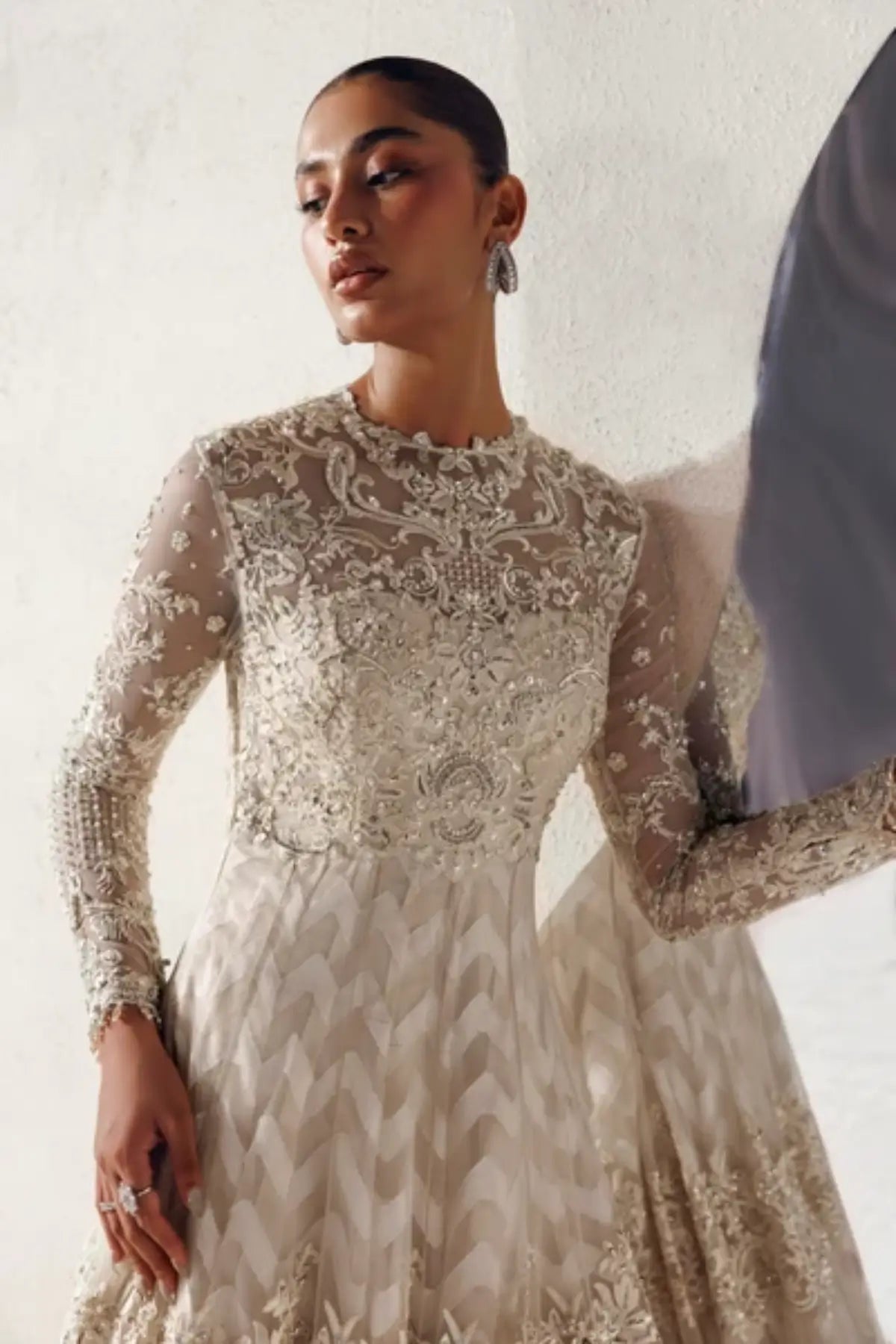 Vivienne Modern Muse 26 off white hand embellished net stitched Nikkah maxi with embroidered bodice and self-jacquard dupatta