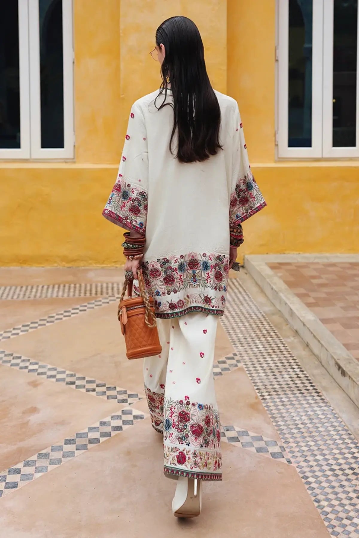 Vivienne Rose Nuvera white embroidered raw silk stitched suit with embroidered trouser and chiffon dupatta