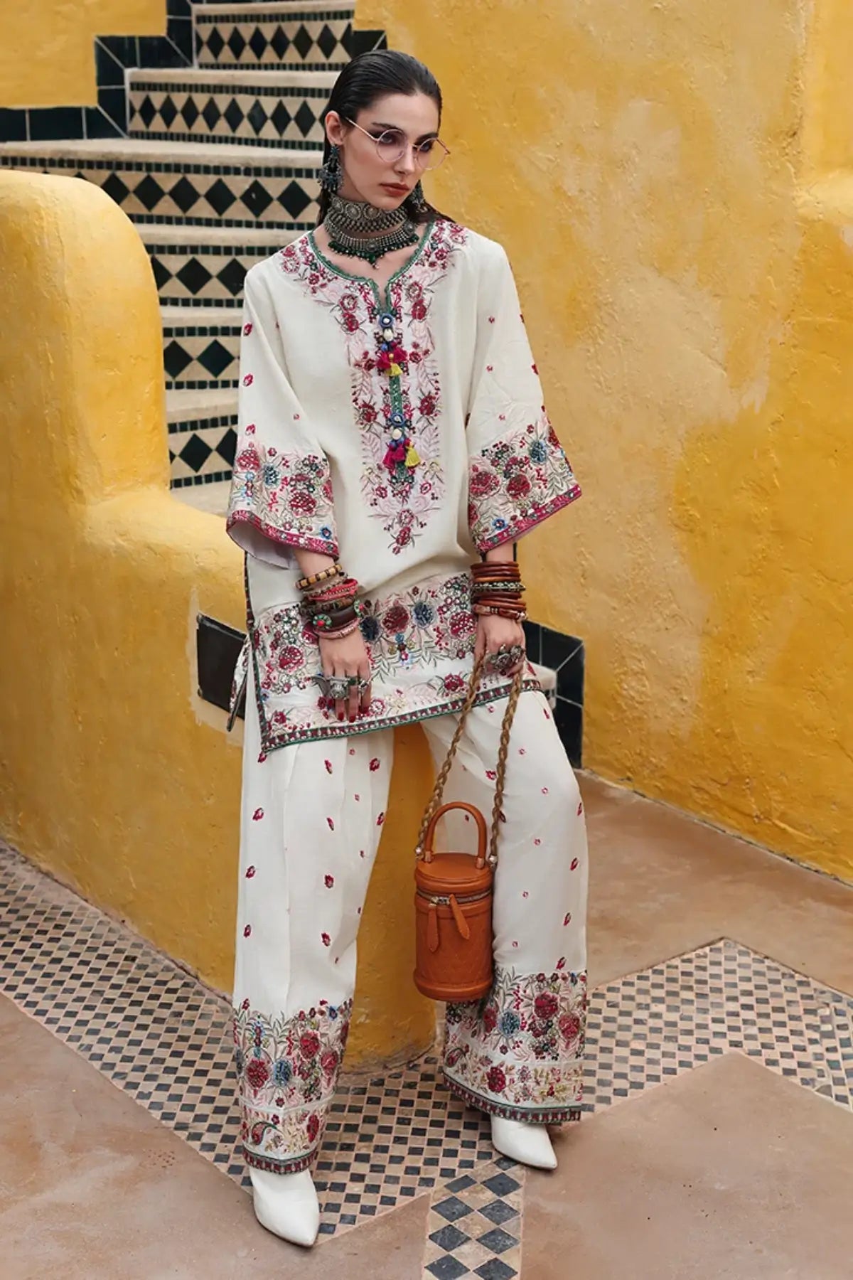 Vivienne Rose Nuvera white embroidered raw silk stitched suit with embroidered trouser and chiffon dupatta