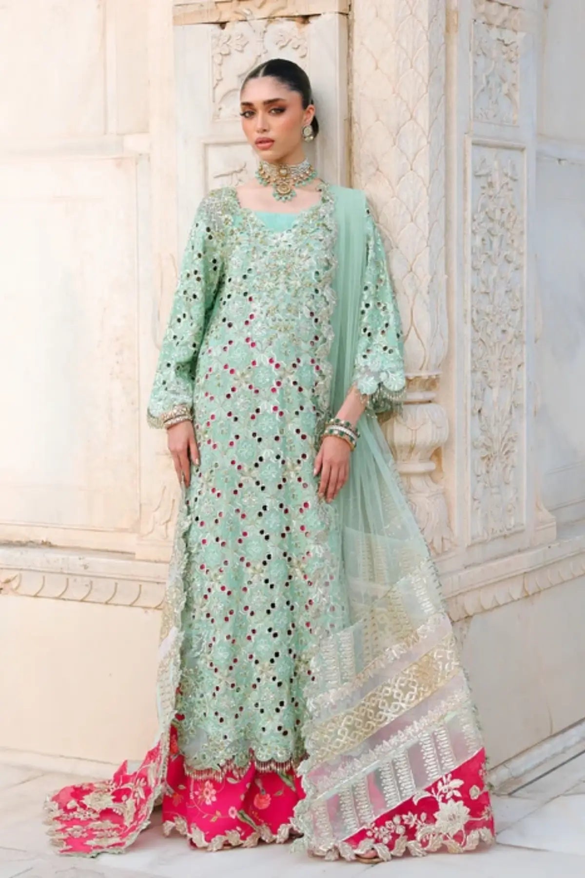 Saira Shakira Wedding Voila mint green hand embellished Tussar silk wedding suit with pink trousers and embroidered net dupatta