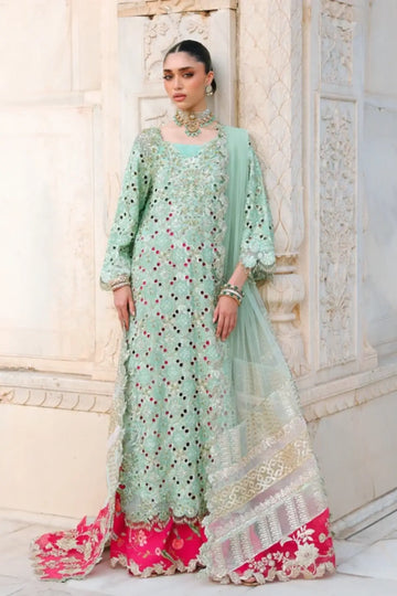 Saira Shakira Wedding Voila mint green hand embellished Tussar silk wedding suit with pink trousers and embroidered net dupatta
