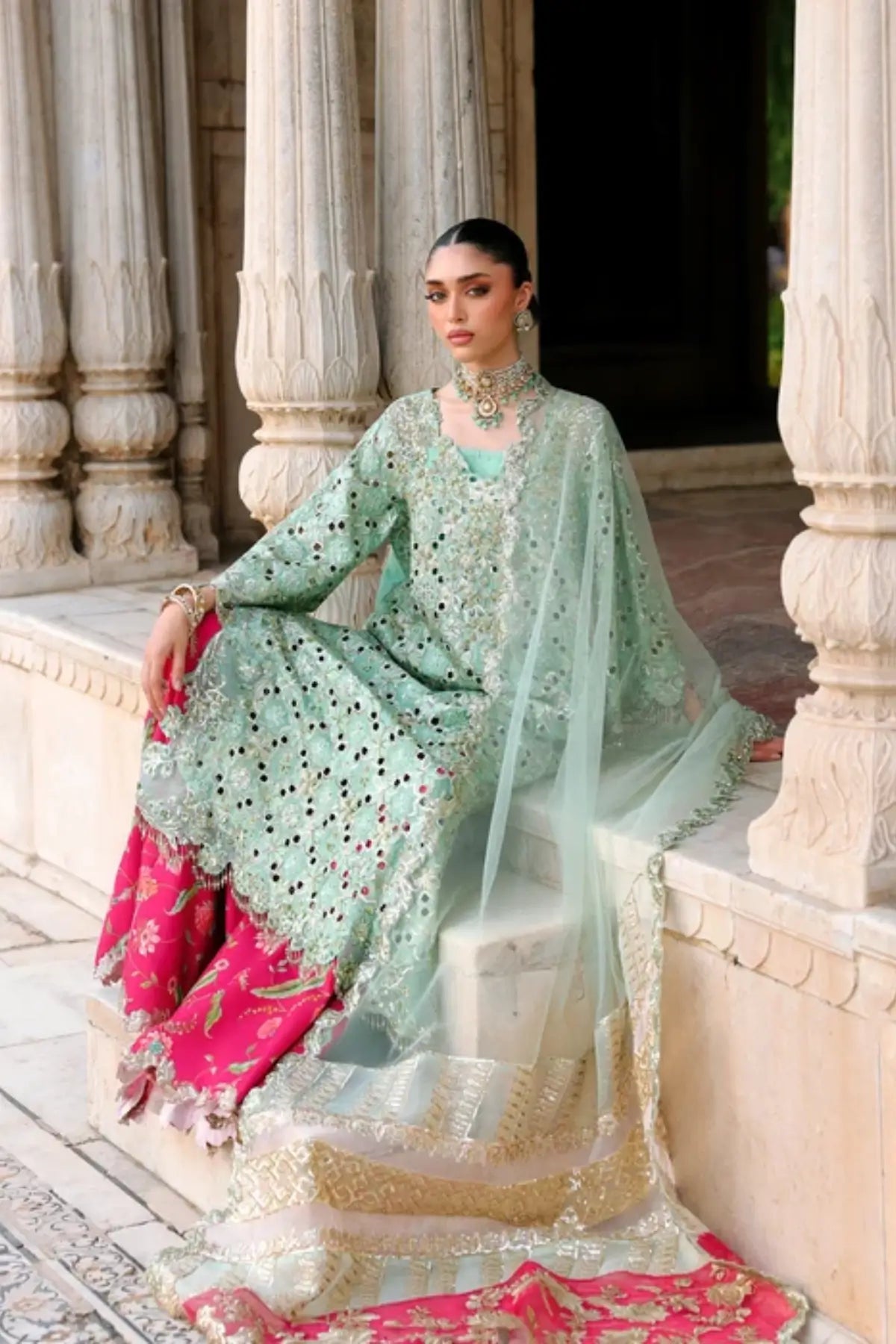 Saira Shakira Wedding Voila mint green hand embellished Tussar silk wedding suit with pink trousers and embroidered net dupatta