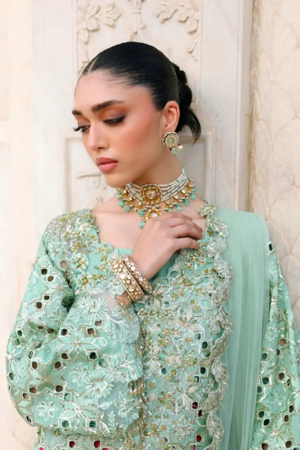 Saira Shakira Wedding Voila mint green hand embellished Tussar silk wedding suit with pink trousers and embroidered net dupatta