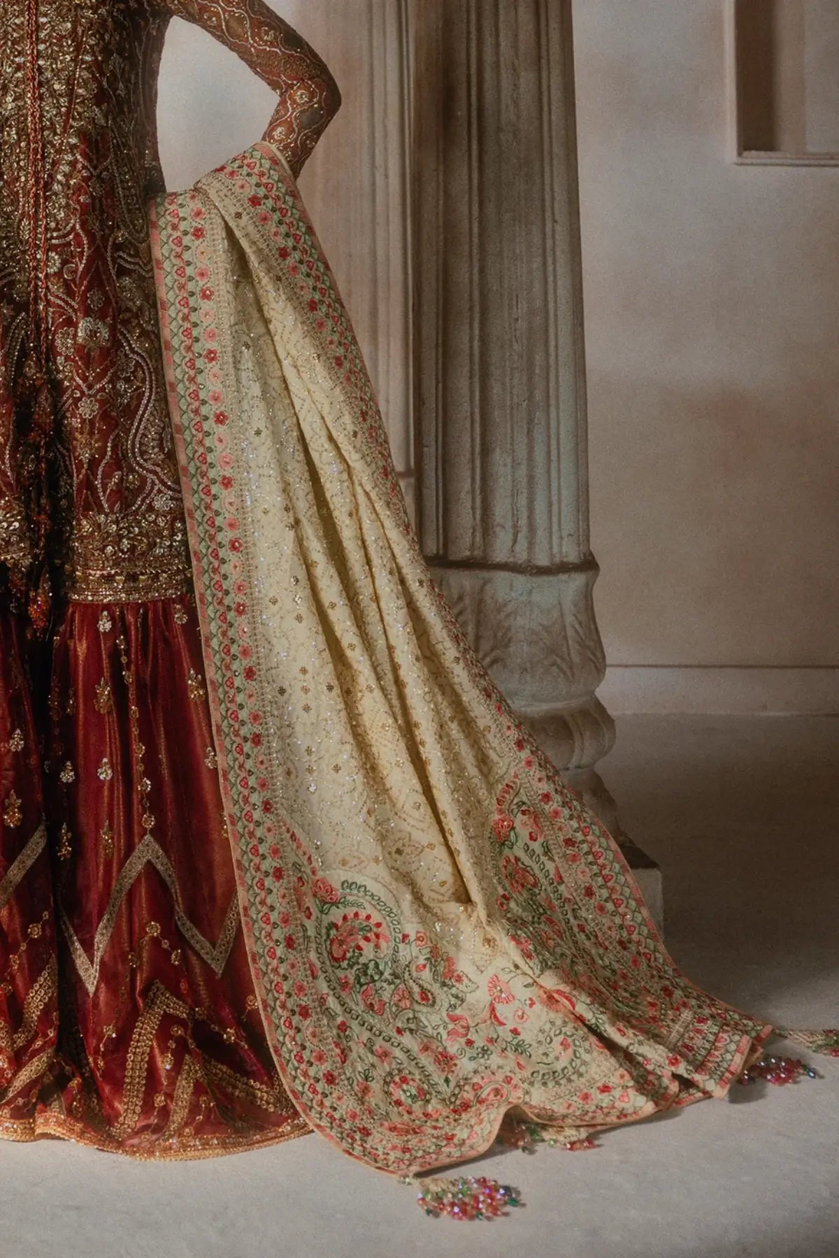 AIK Atelier WDB26 light gold embroidered Kataan silk Pakistani wedding shawl from Wedding Festive 26 Vol 02