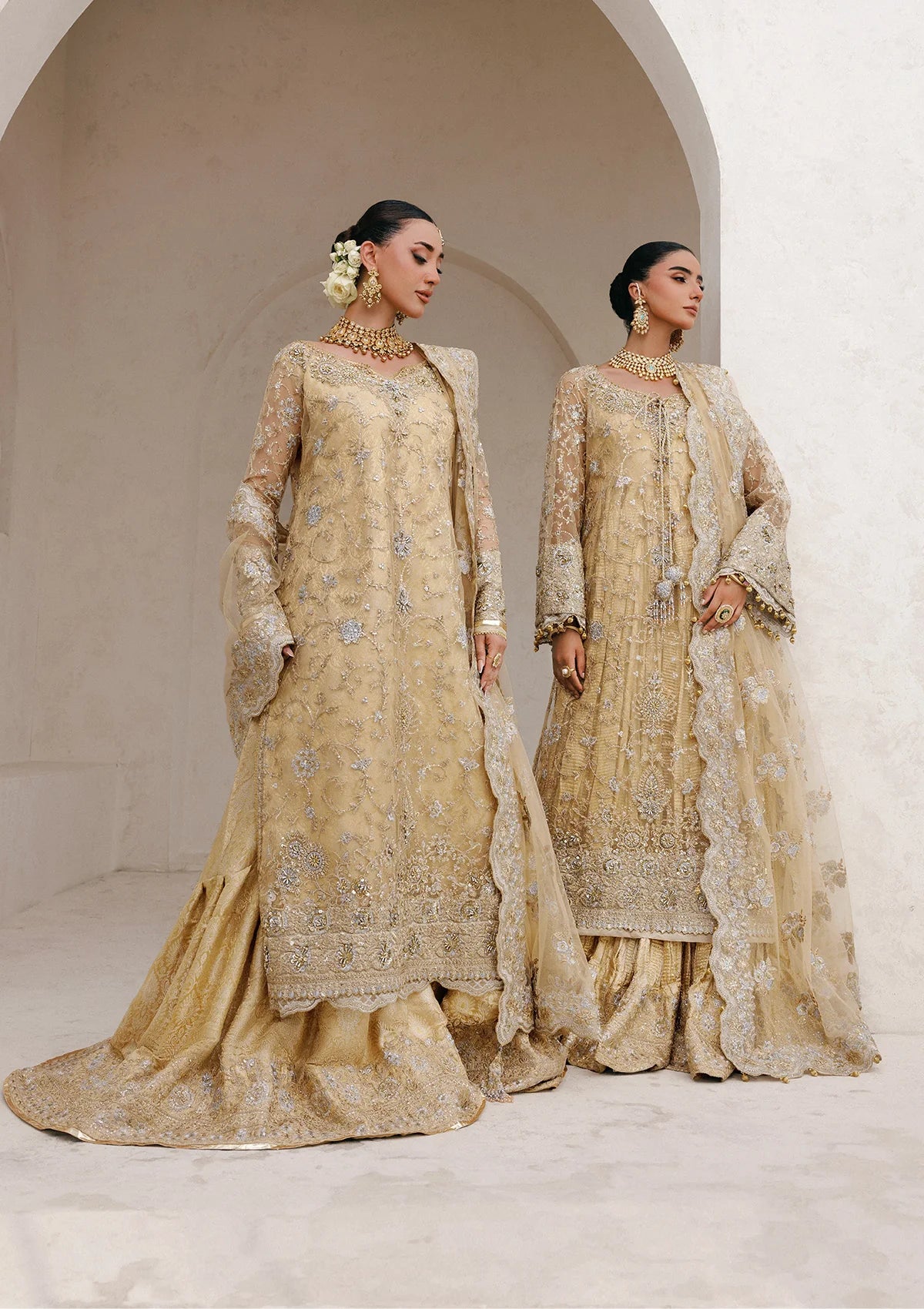 AIK gold stitched luxury wedding formal with net dupatta – Pakistanimoda.com