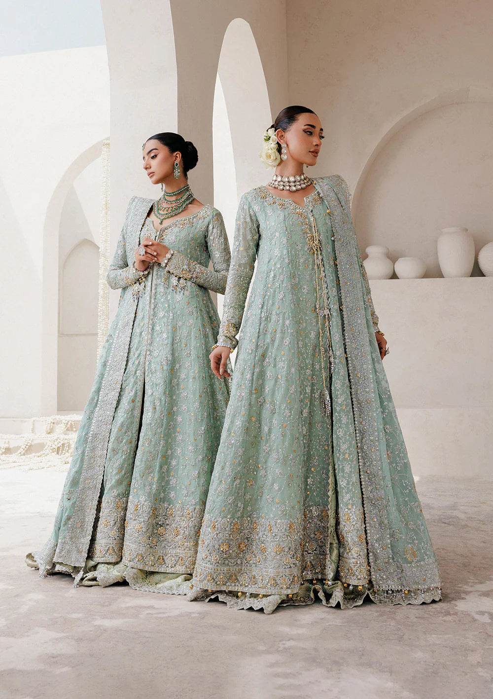 AIK sage green stitched formal dress with chiffon dupatta & jamawar pants – Pakistanimoda.com
