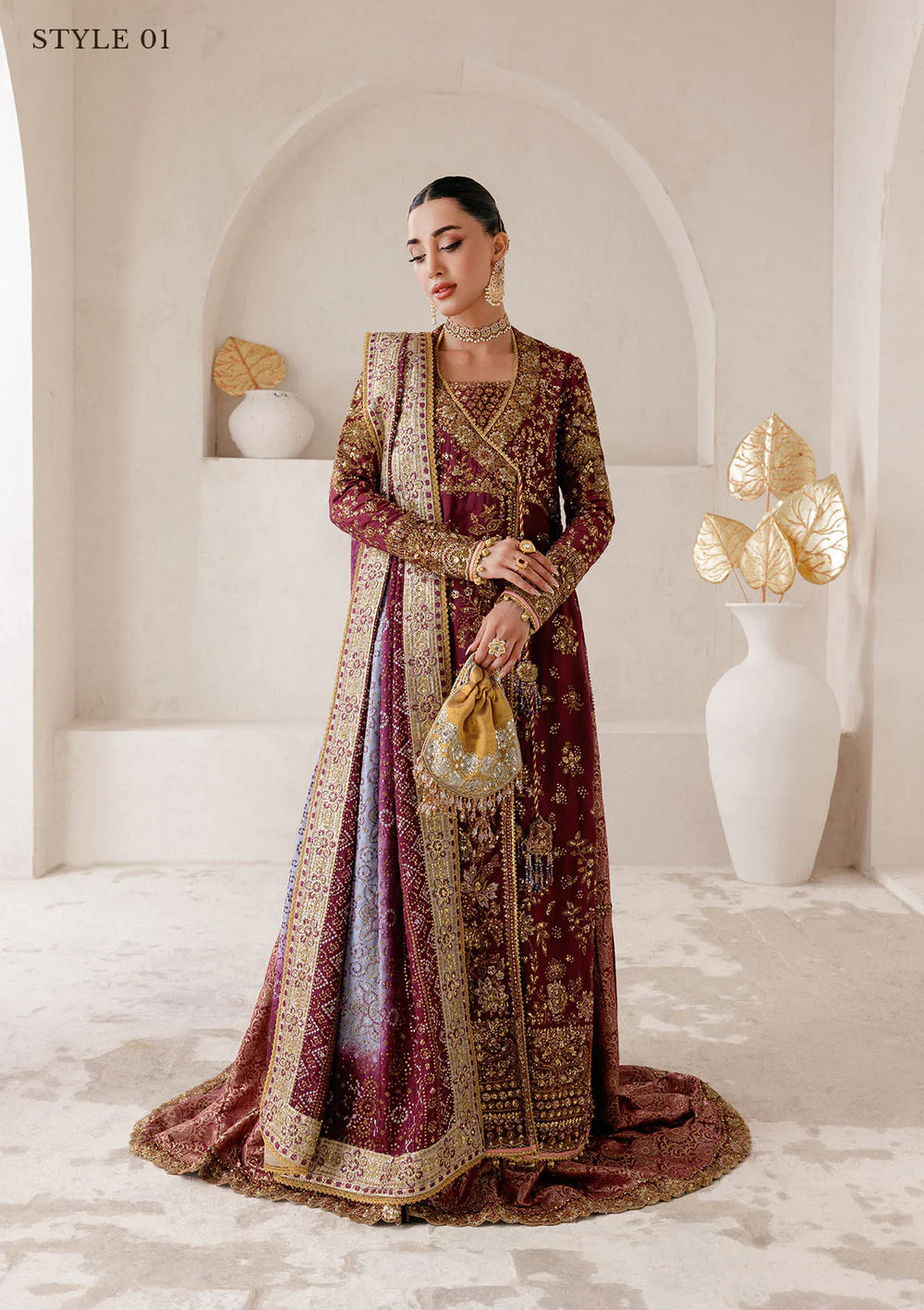 AIK stitched maroon silk wedding formal with embroidered dupatta – Pakistanimoda.com