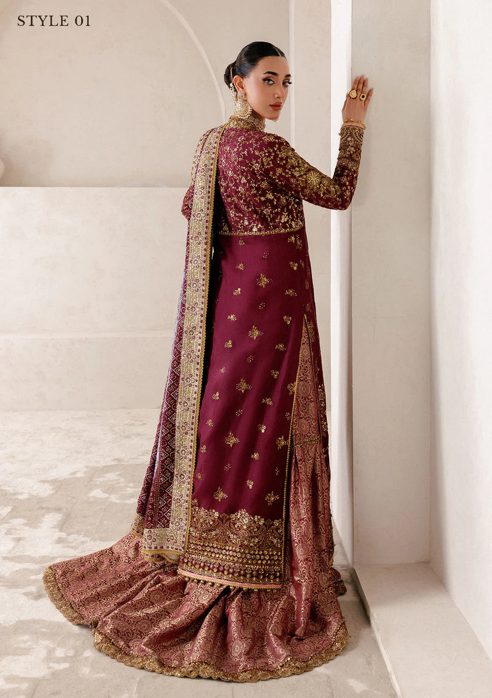 AIK stitched maroon silk wedding formal with embroidered dupatta – Pakistanimoda.com