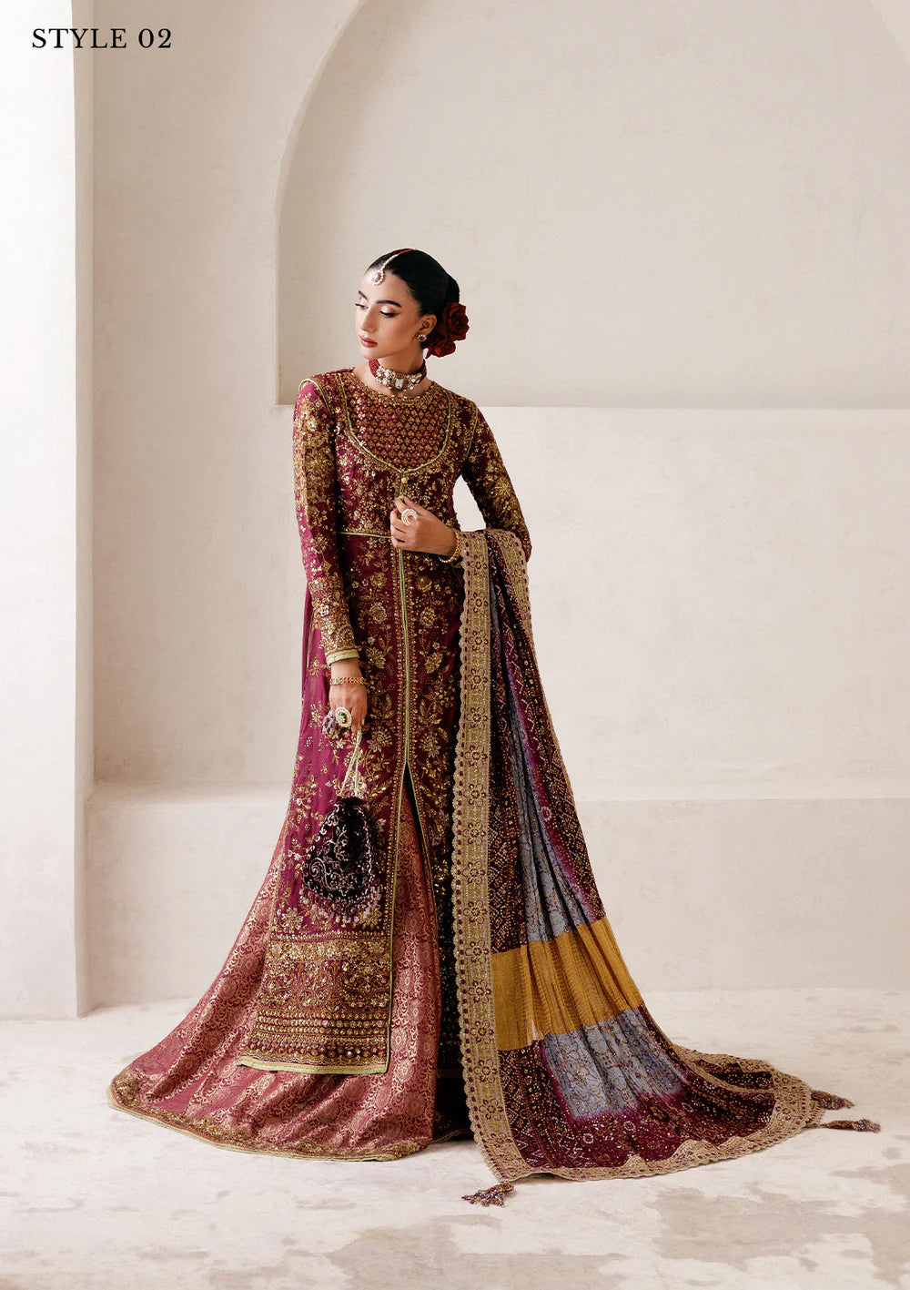AIK stitched maroon silk wedding formal with embroidered dupatta – Pakistanimoda.com