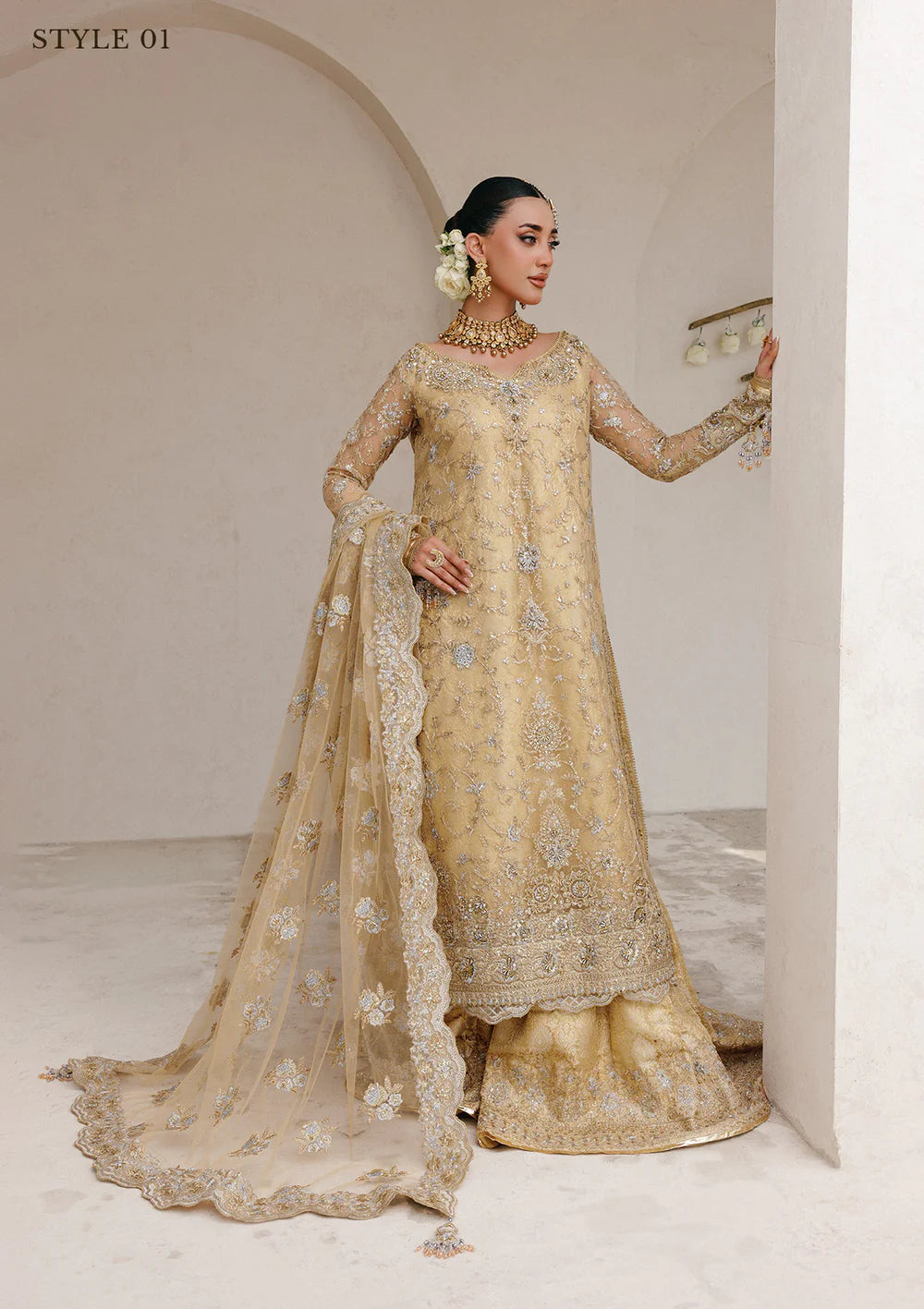 AIK gold stitched luxury wedding formal with net dupatta – Pakistanimoda.com