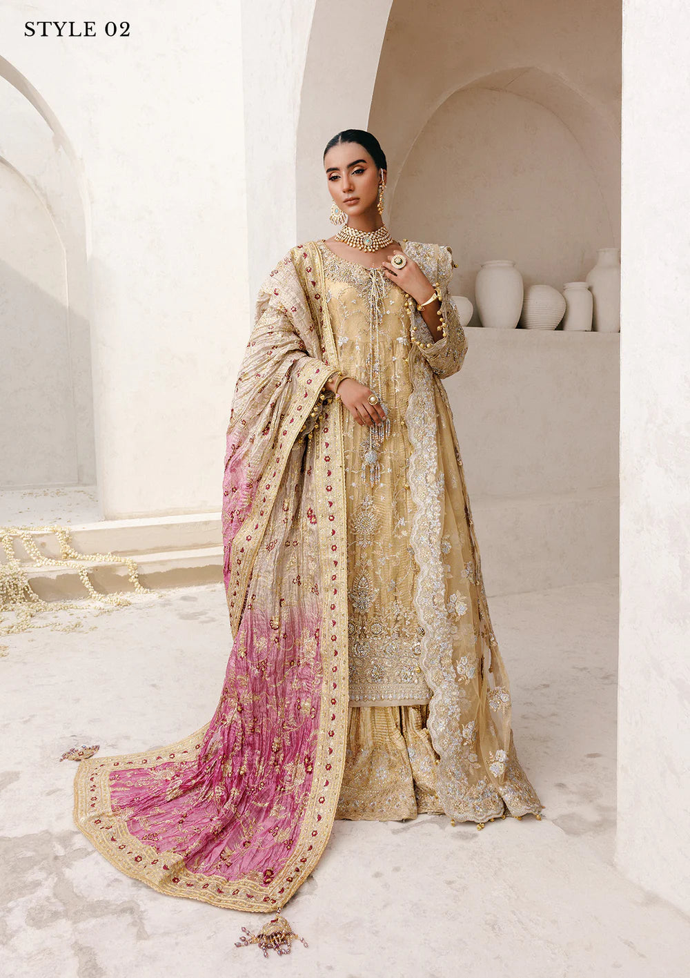 AIK gold stitched luxury wedding formal with net dupatta – Pakistanimoda.com